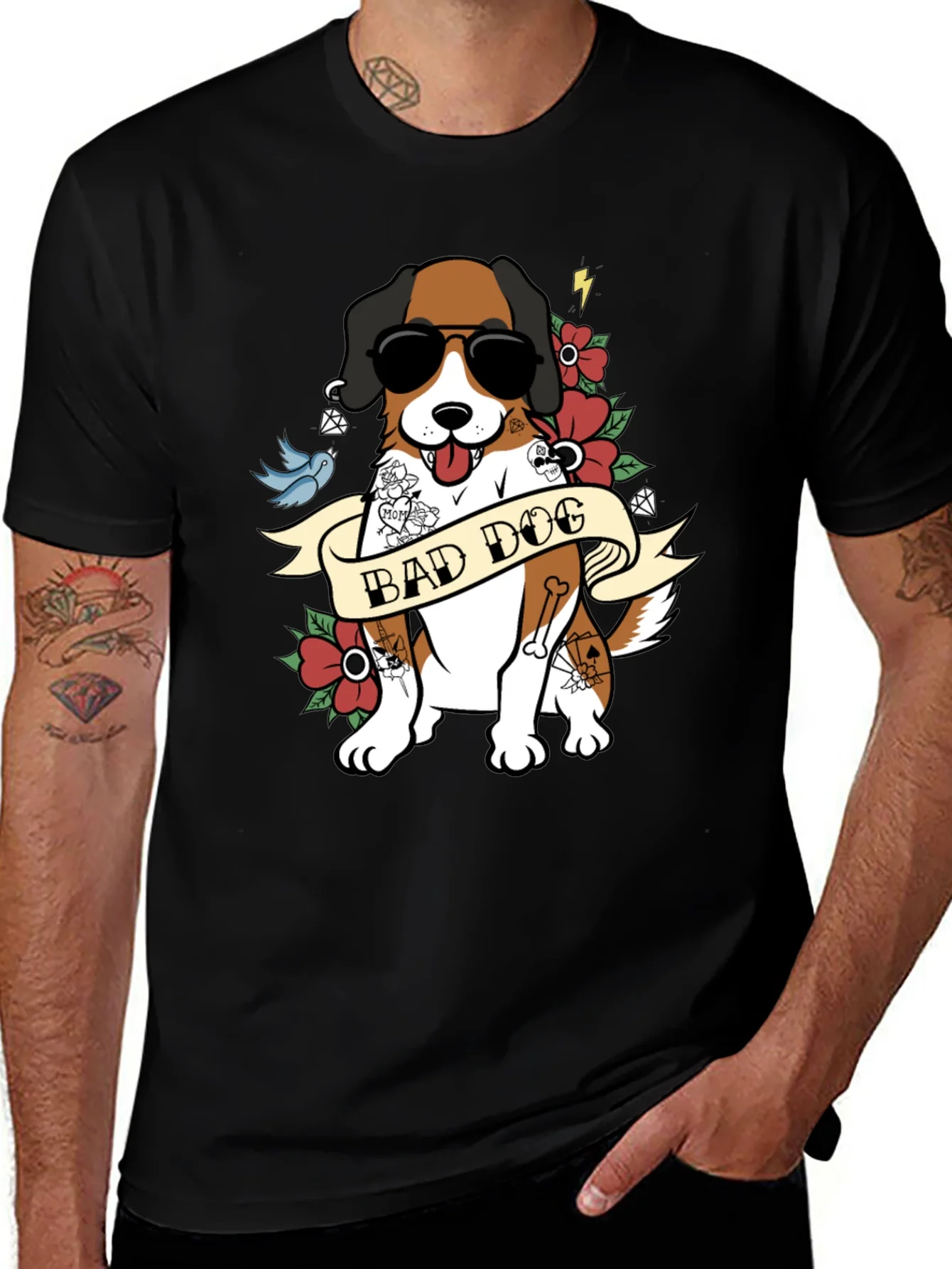 Camiseta Hombre Negra Dise?o Perro Bad Dog con Tatuajes