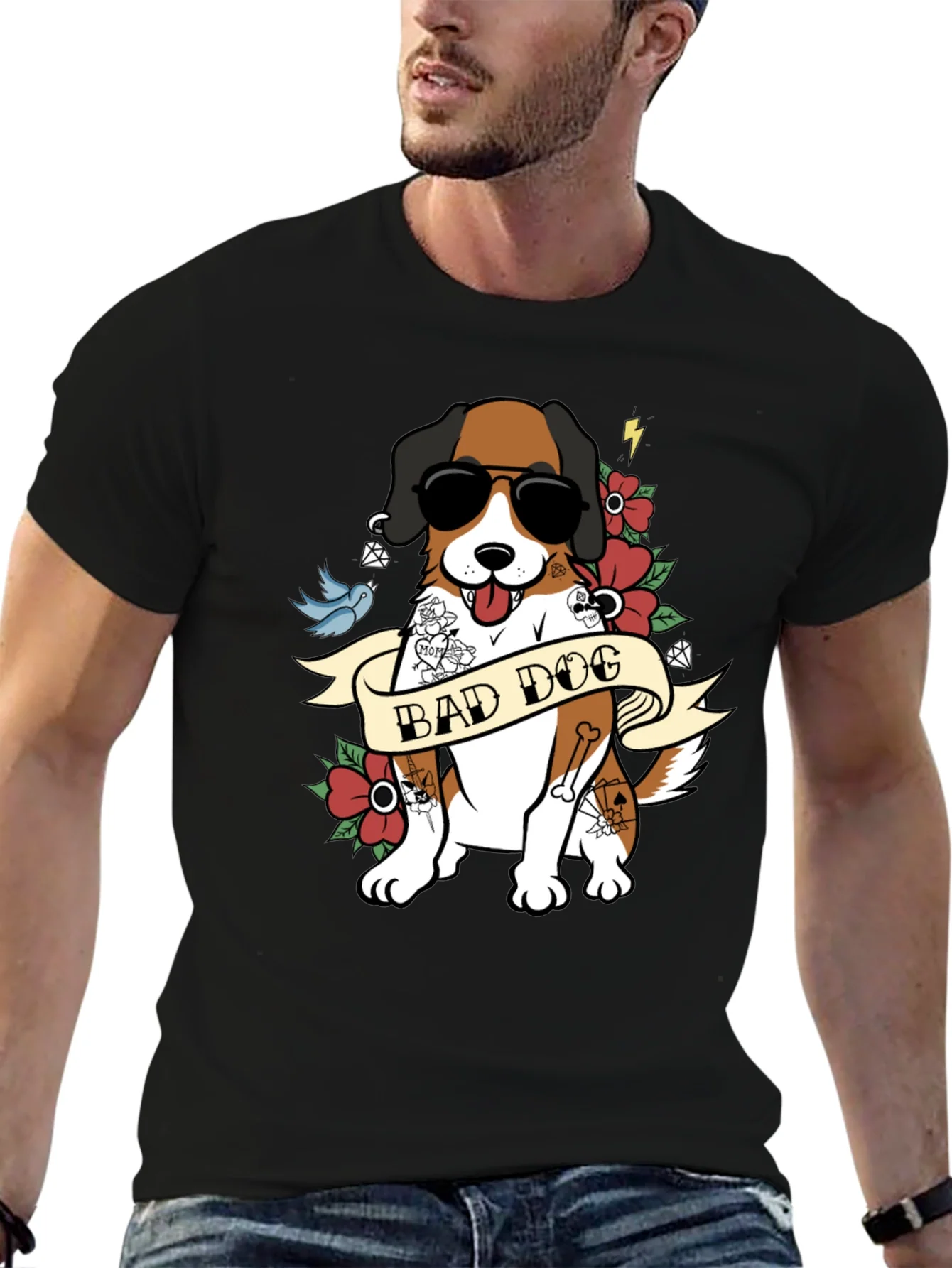 Camiseta Hombre Negra Dise?o Perro Bad Dog con Tatuajes