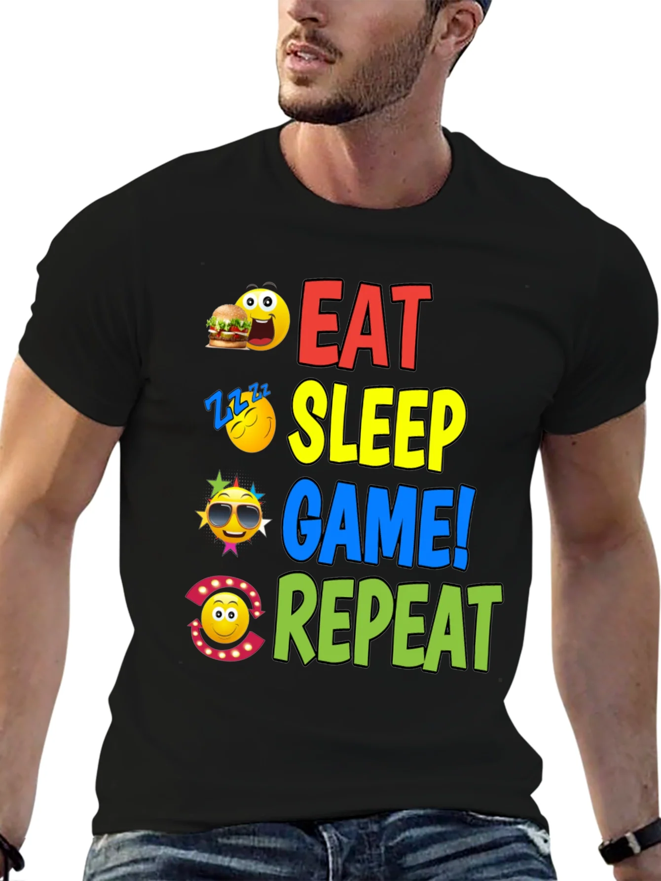 Camiseta Negra con Dise?o Eat Sleep Game Repeat