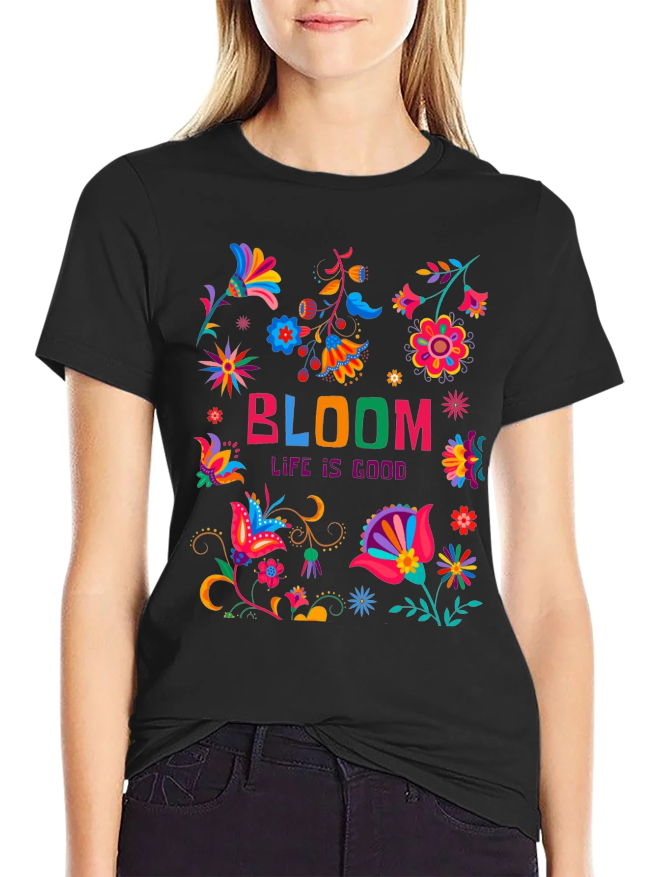 Camiseta Negra Bloom: Life is Good Floral