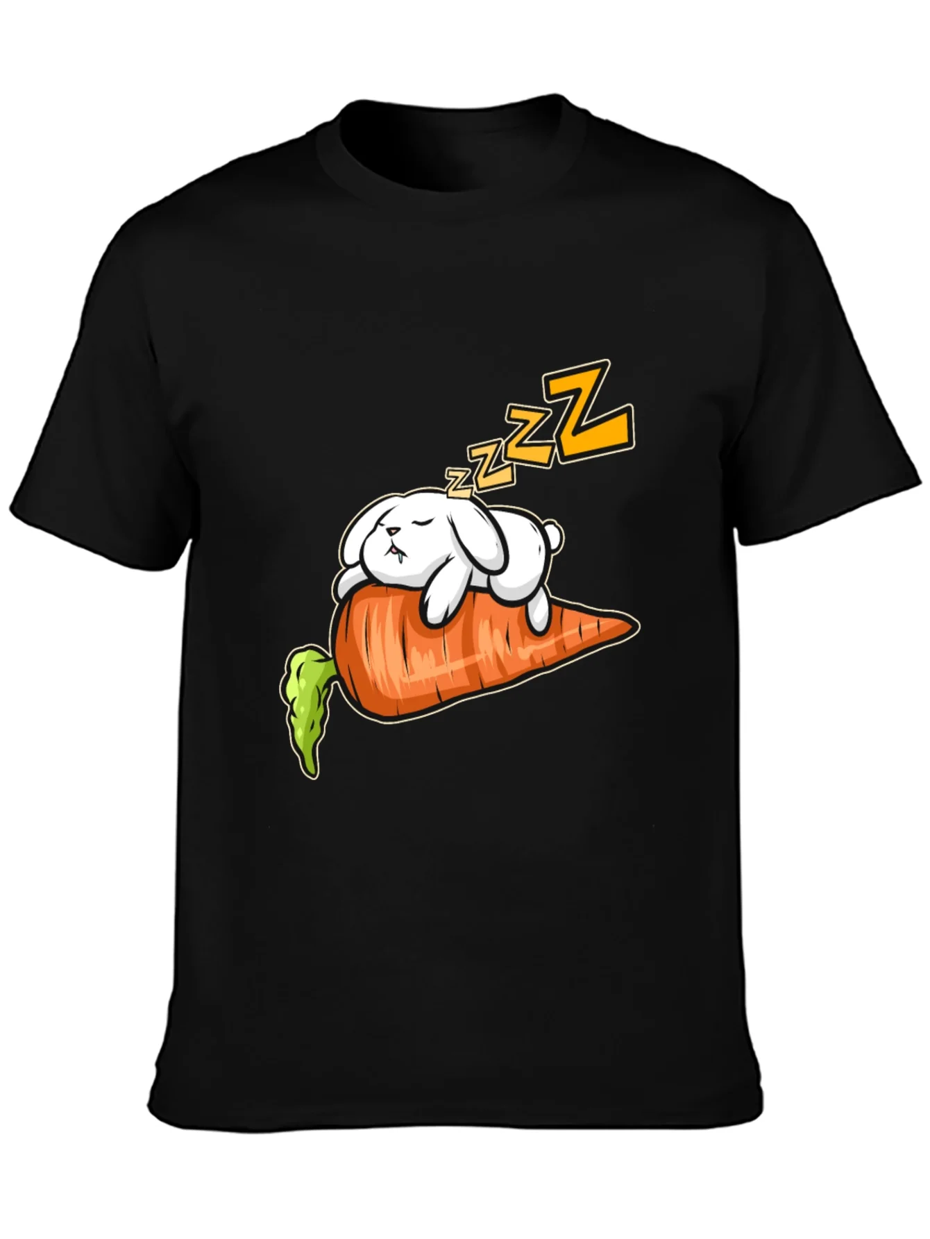 Camiseta Negra con Conejo Durmiendo sobre Zanahoria