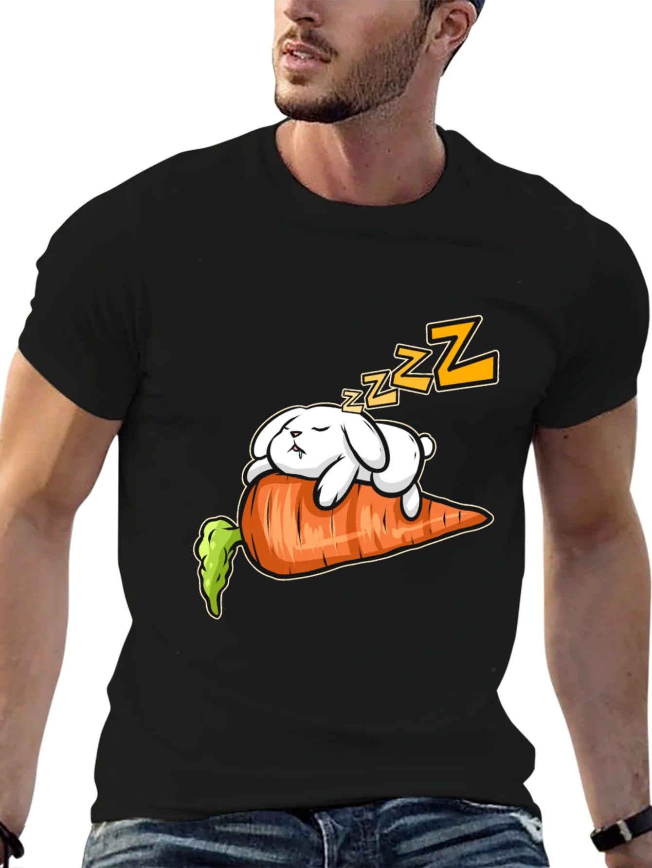 Camiseta Negra con Conejo Durmiendo sobre Zanahoria
