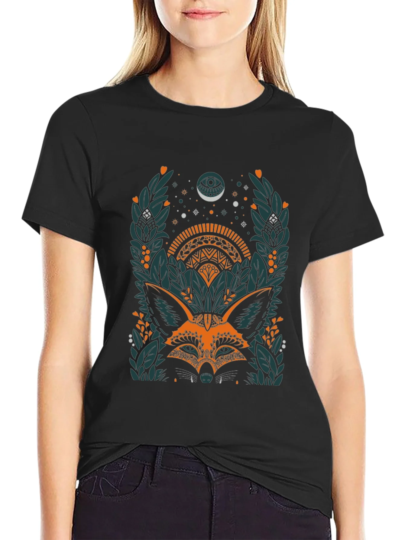 Camiseta Negra con Dise?o de Zorro M¨ªstico