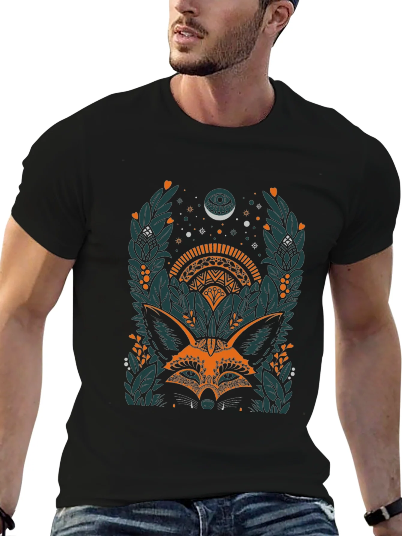 Camiseta Negra con Dise?o de Zorro M¨ªstico