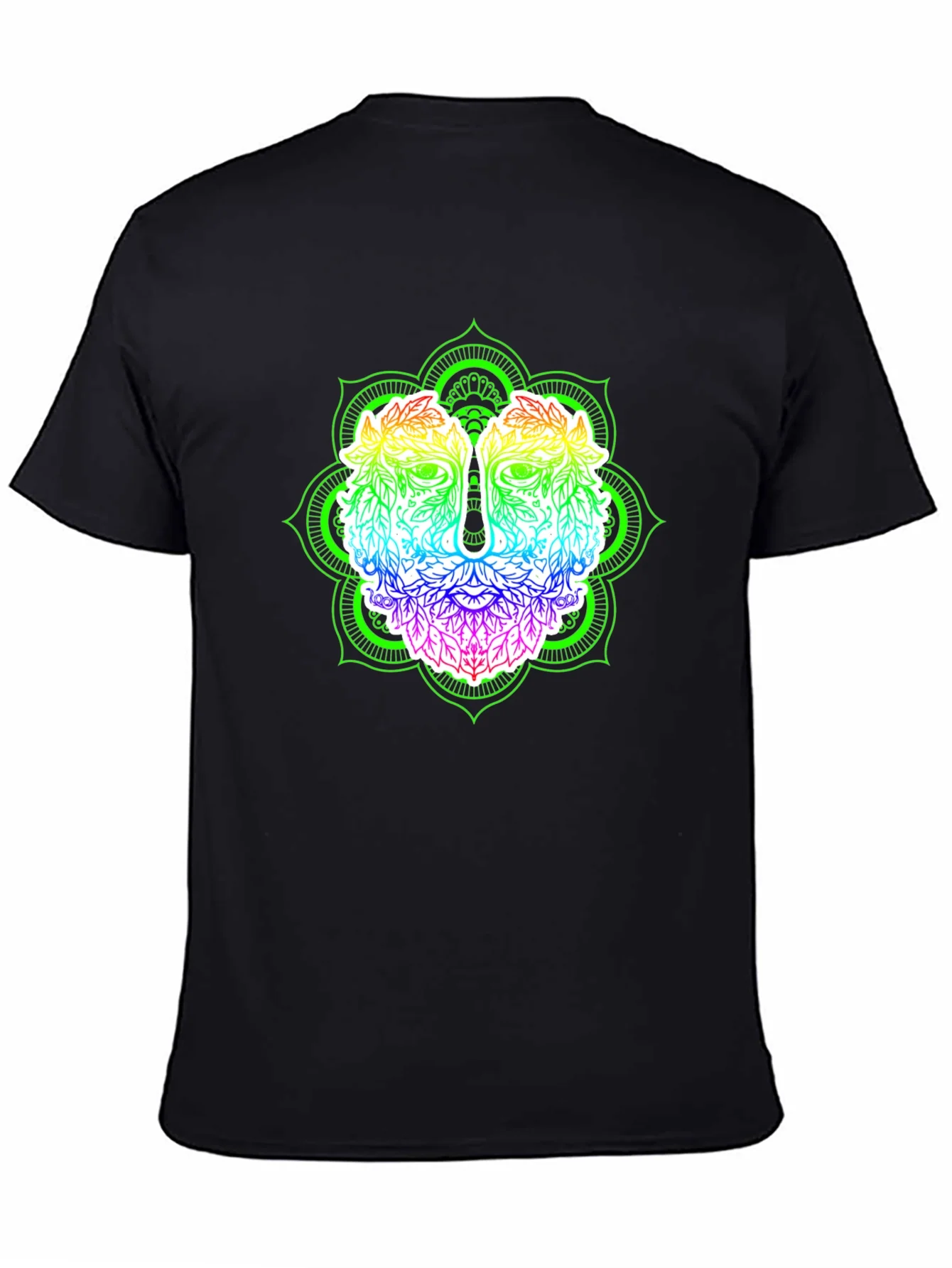 Rebbecca Rainbow Green Man Mandala Black T-Shirt