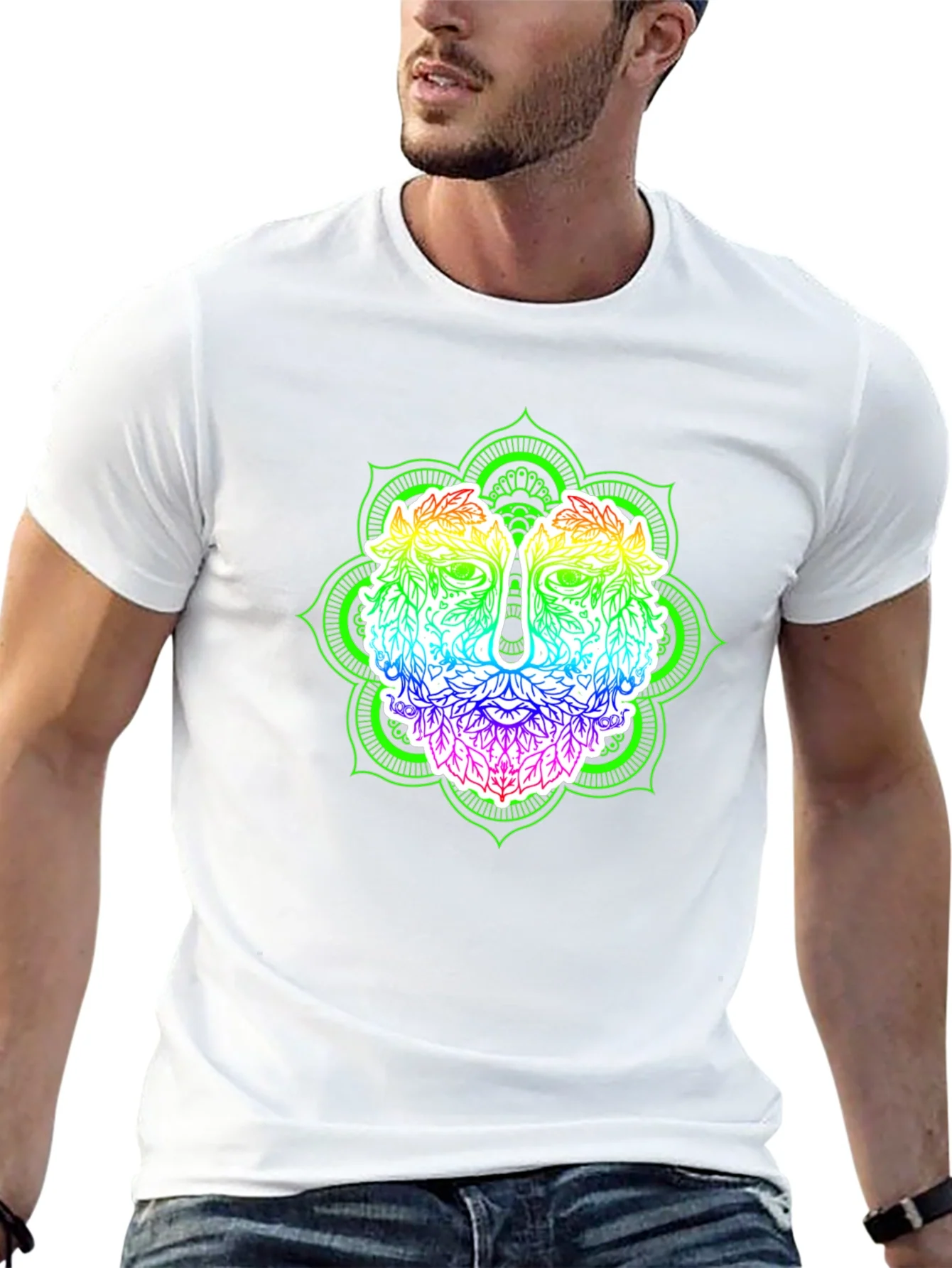 Rebbecca Rainbow Green Man Mandala Black T-Shirt