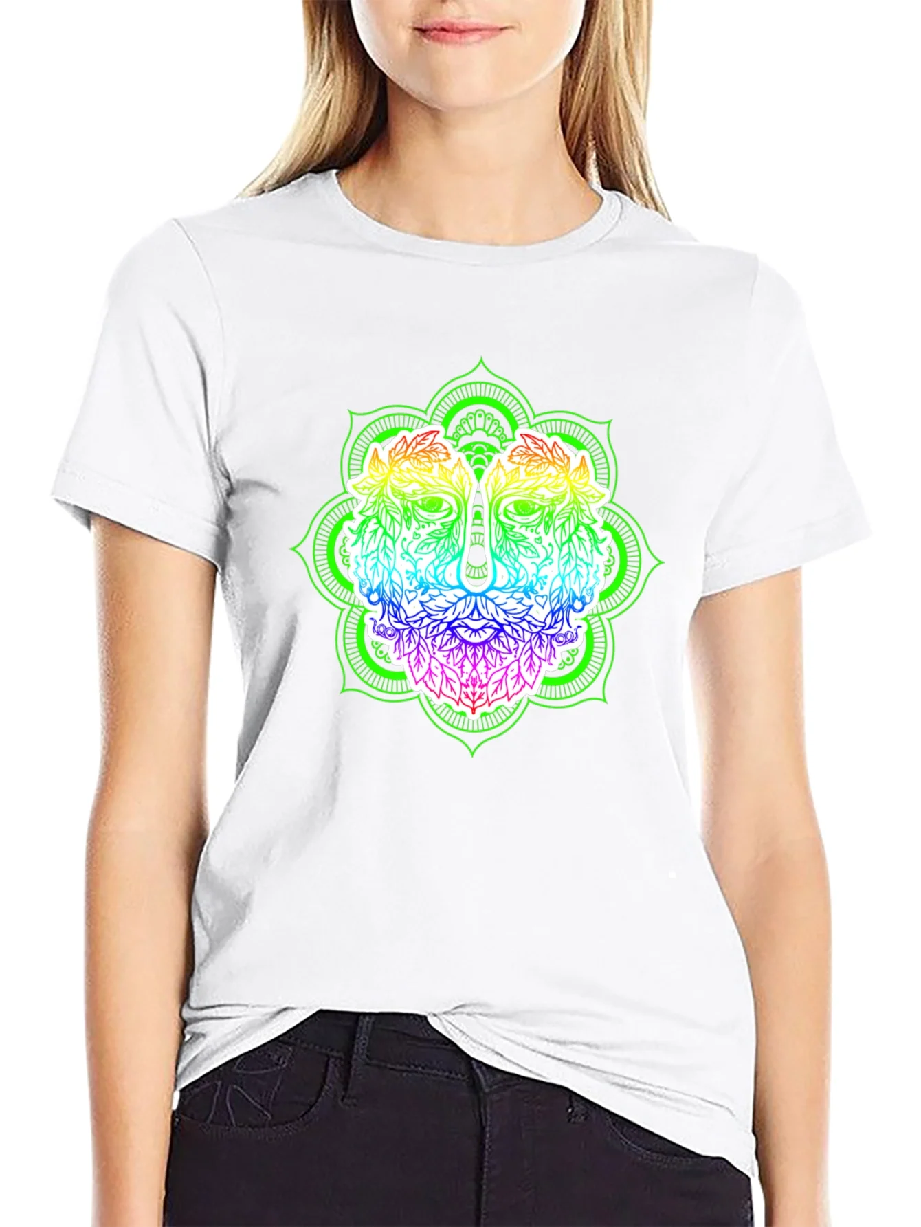 Rebbecca Rainbow Green Man Mandala Black T-Shirt