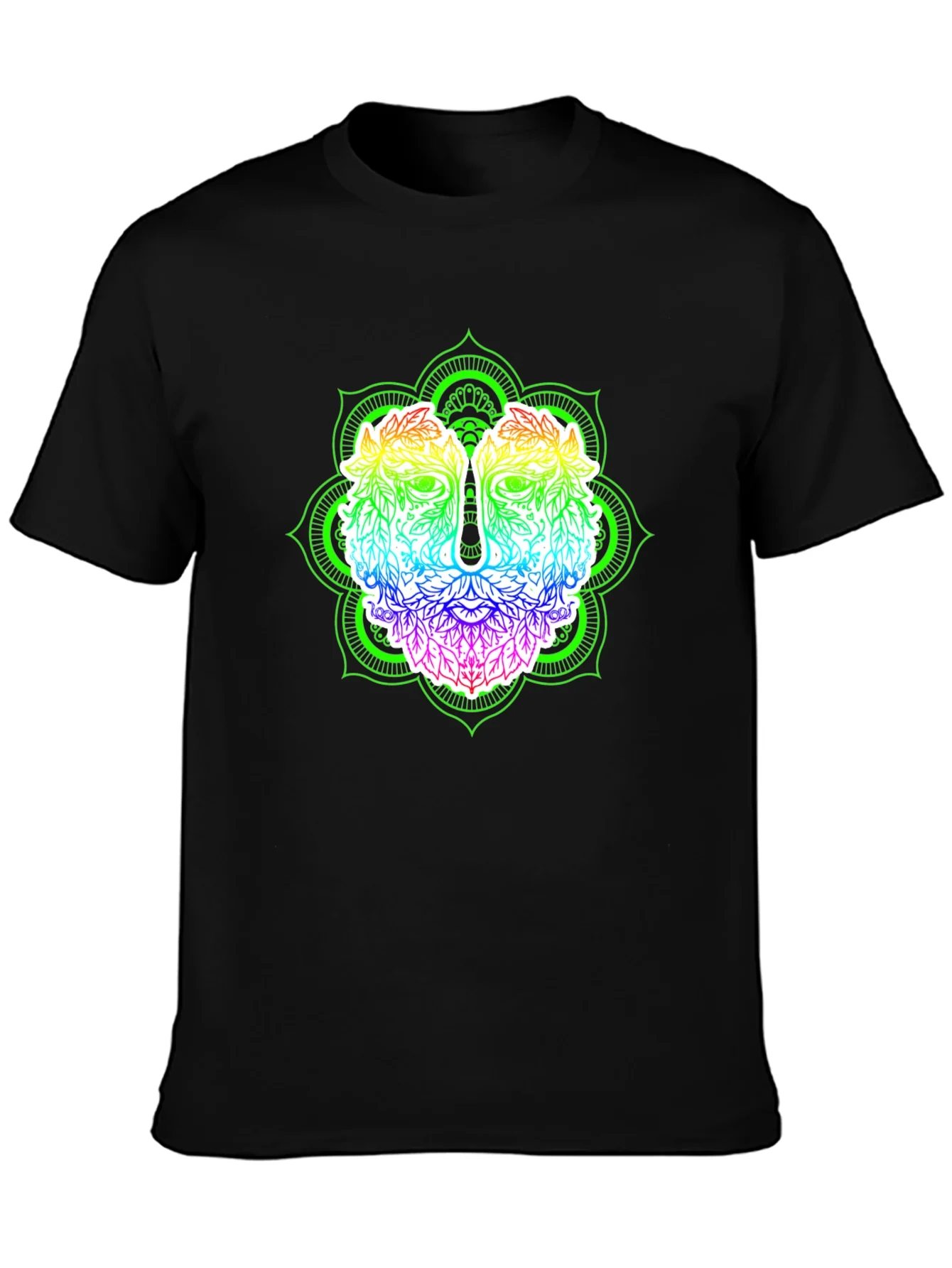 Rebbecca Rainbow Green Man Mandala Black T-Shirt