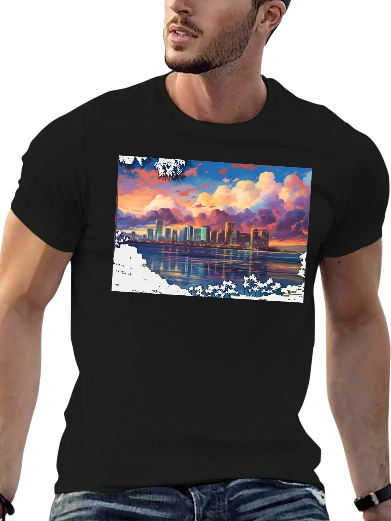 Rebbecca Cityscape Sunset Graphic Tee - Stylish Black T-Shirt