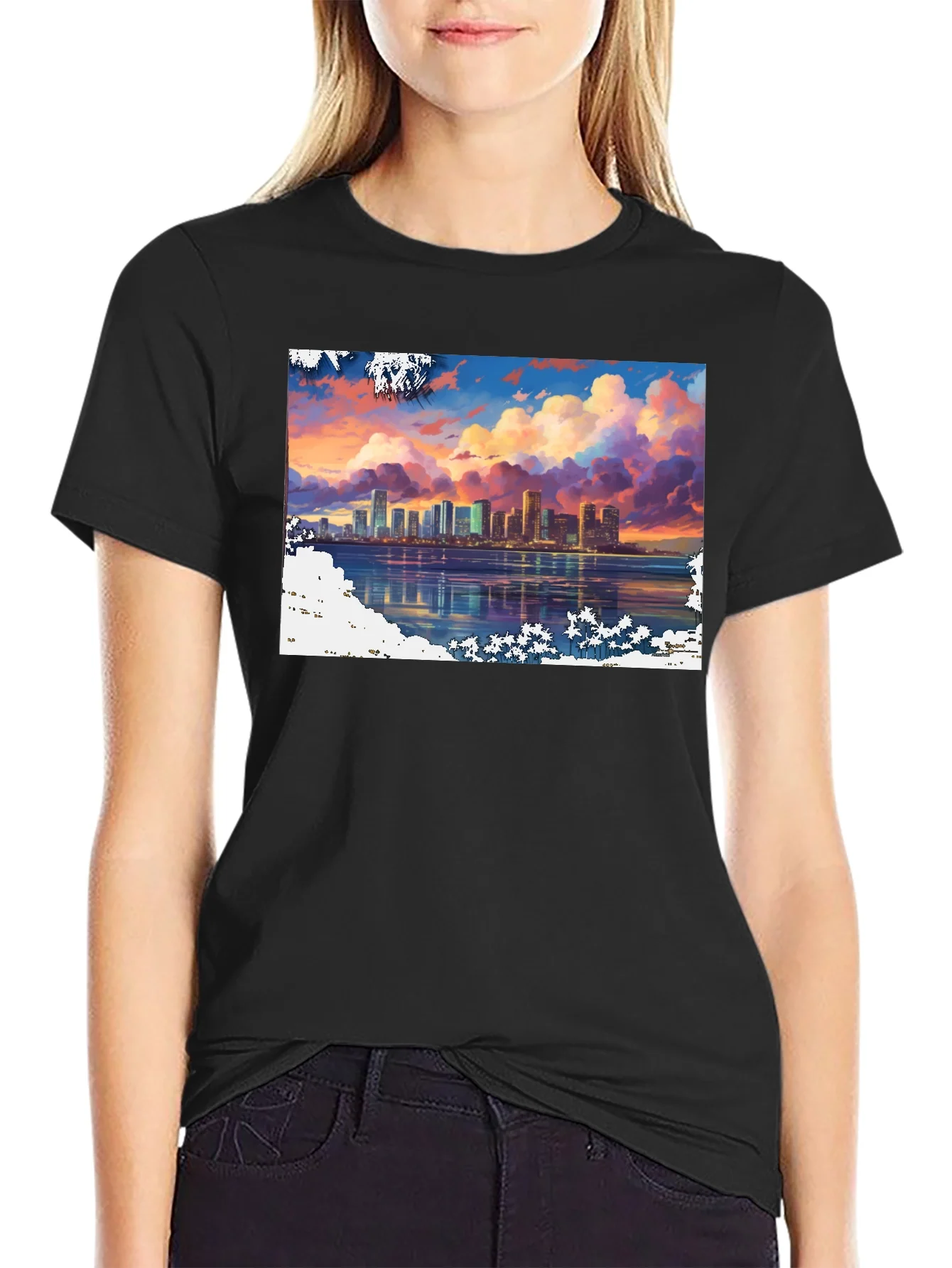 Rebbecca Cityscape Sunset Graphic Tee - Stylish Black T-Shirt