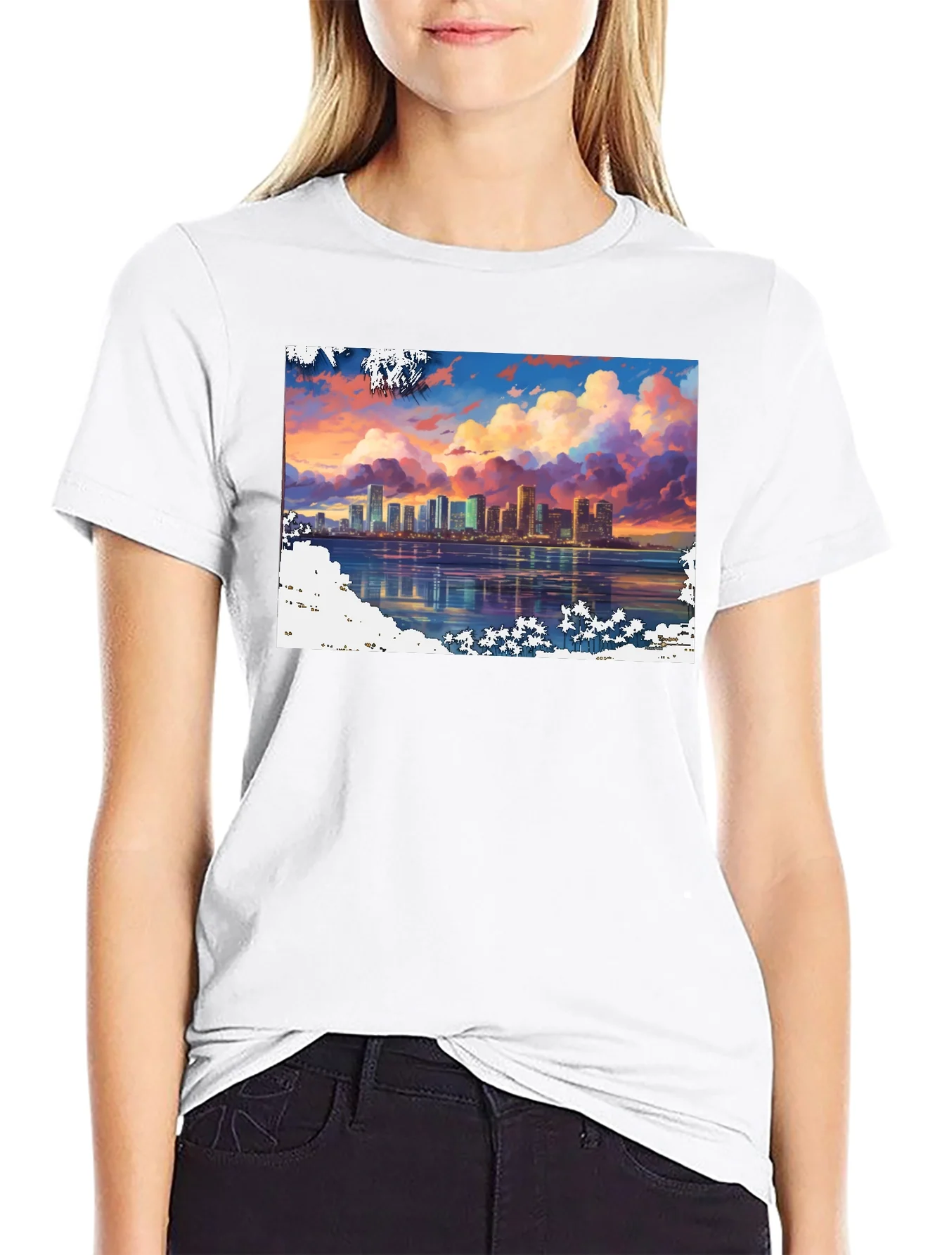 Rebbecca Cityscape Sunset Graphic Tee - Stylish Black T-Shirt