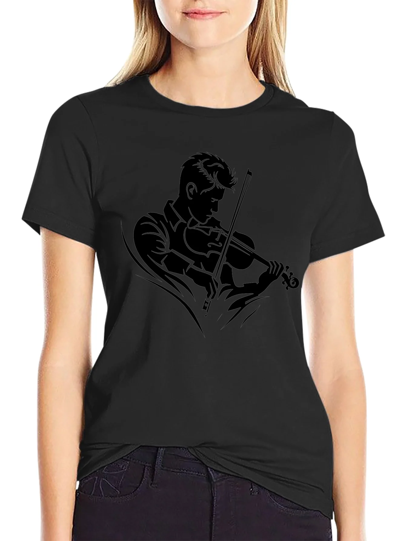 Camiseta Negra con Dise?o de M¨²sico Violinista