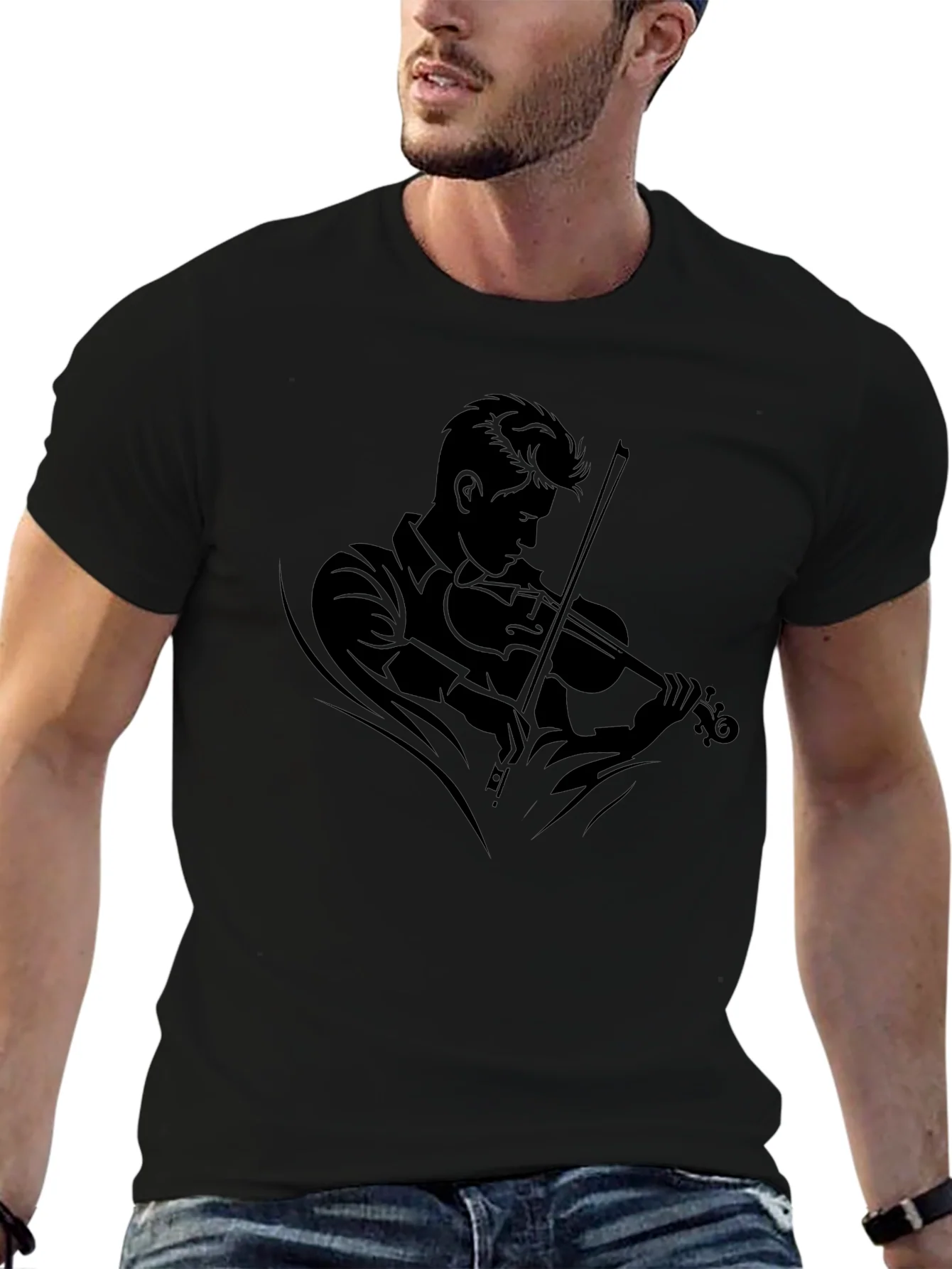 Camiseta Negra con Dise?o de M¨²sico Violinista