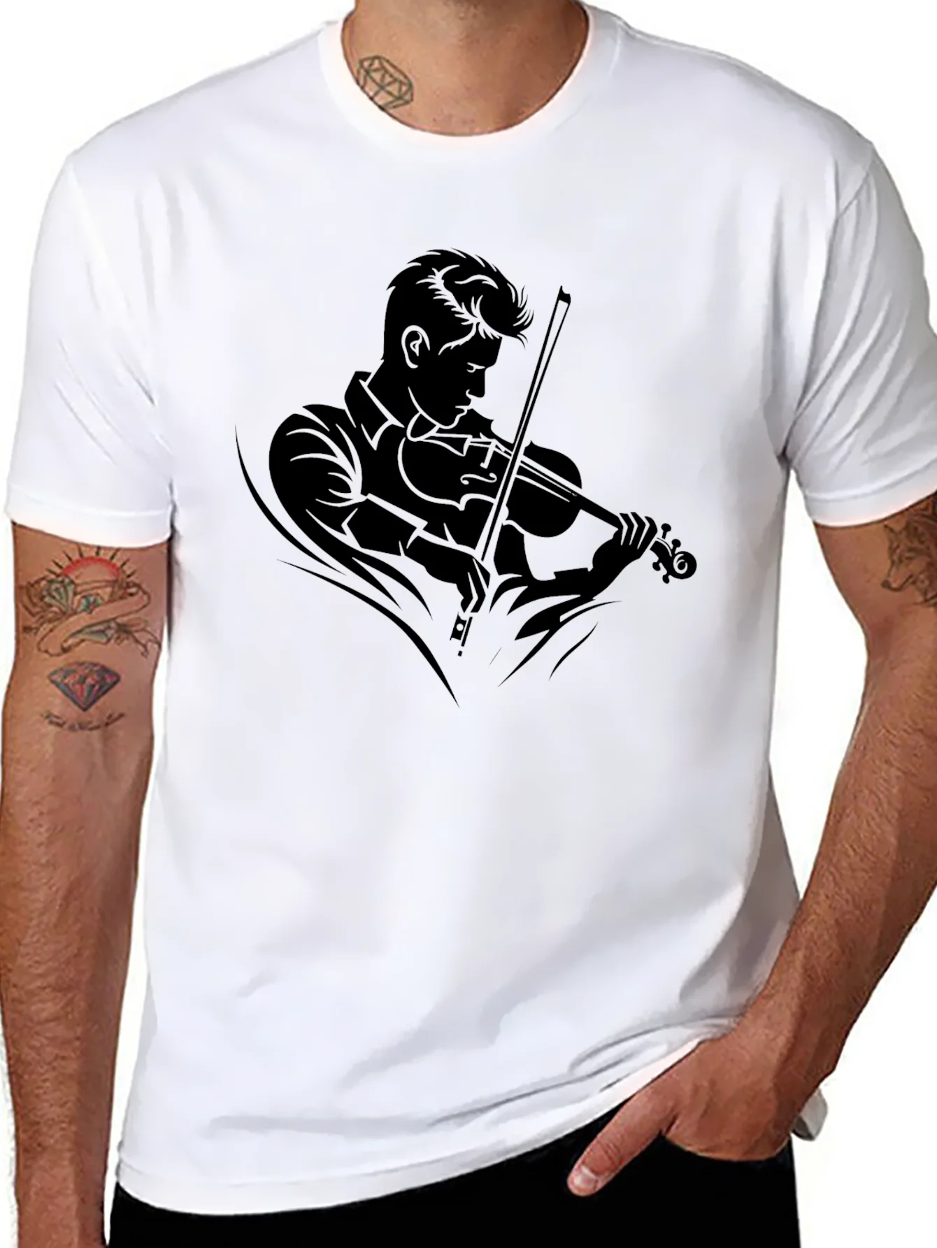 Camiseta Negra con Dise?o de M¨²sico Violinista