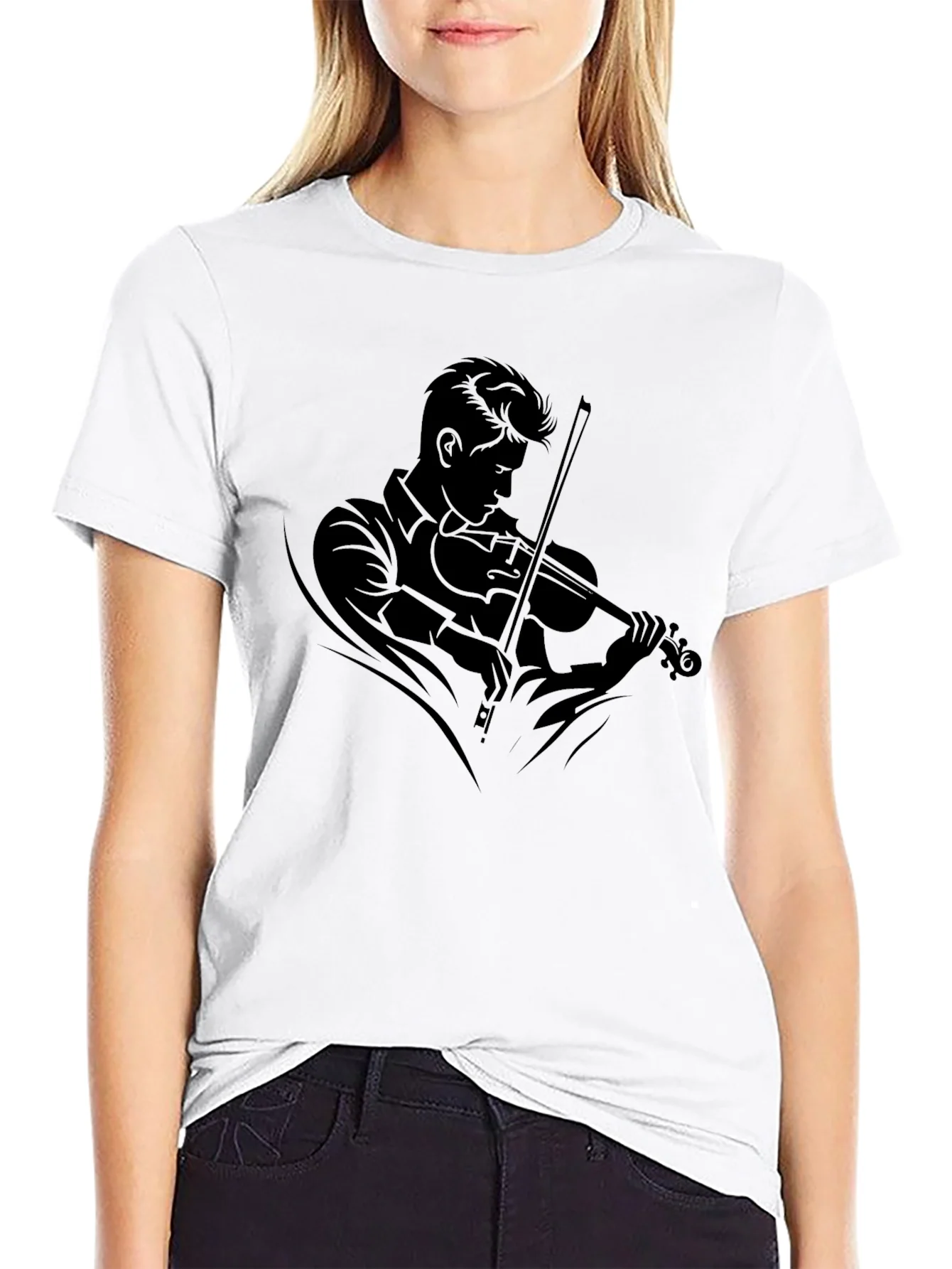 Camiseta Negra con Dise?o de M¨²sico Violinista