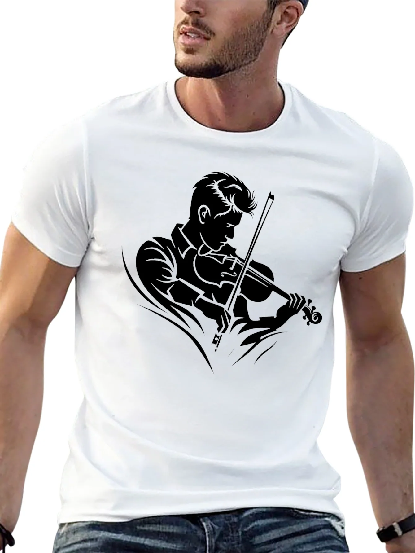 Camiseta Negra con Dise?o de M¨²sico Violinista
