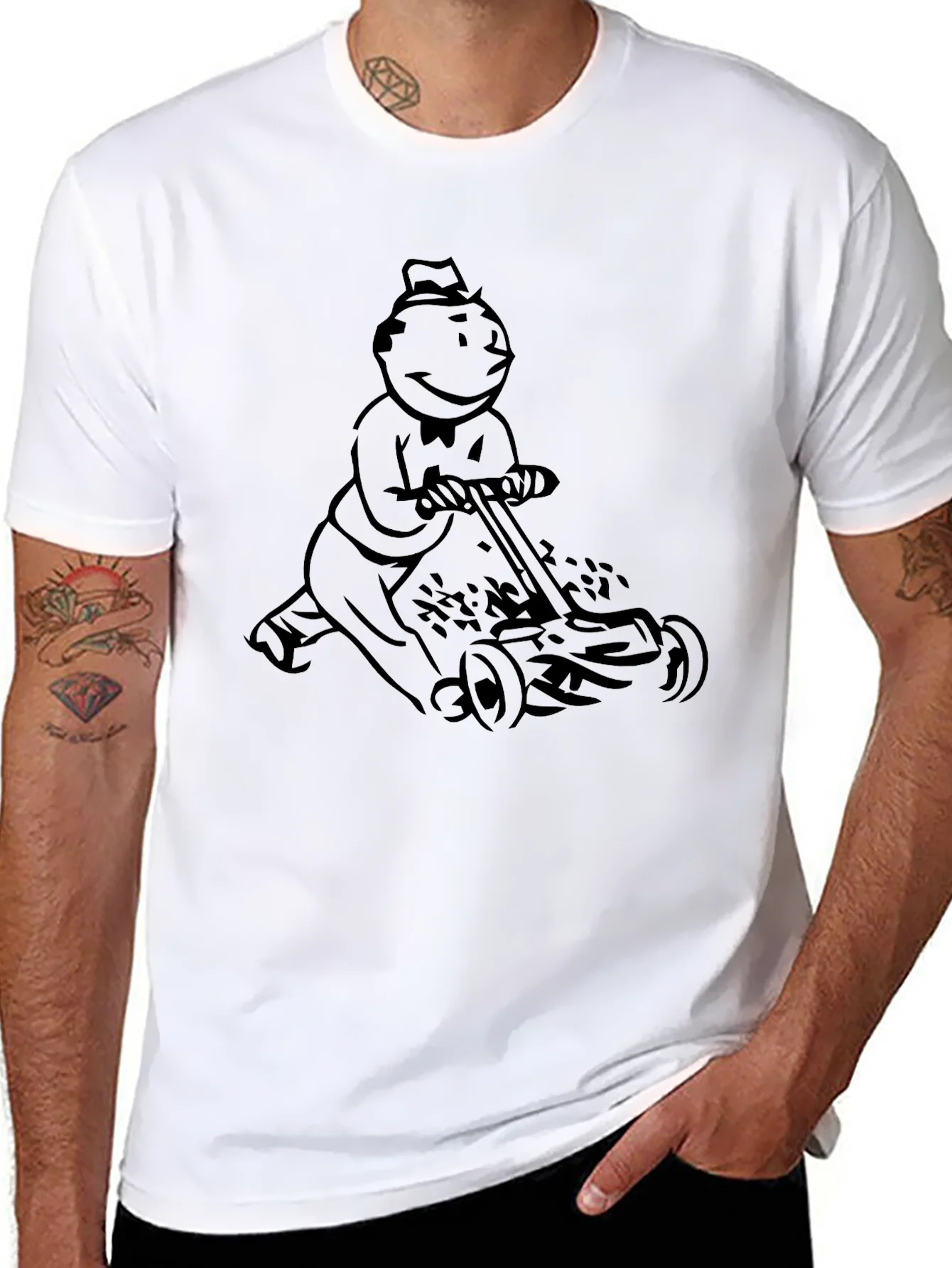 Rebbecca Monopoly Man Mowing T-Shirt - Black Graphic Tee
