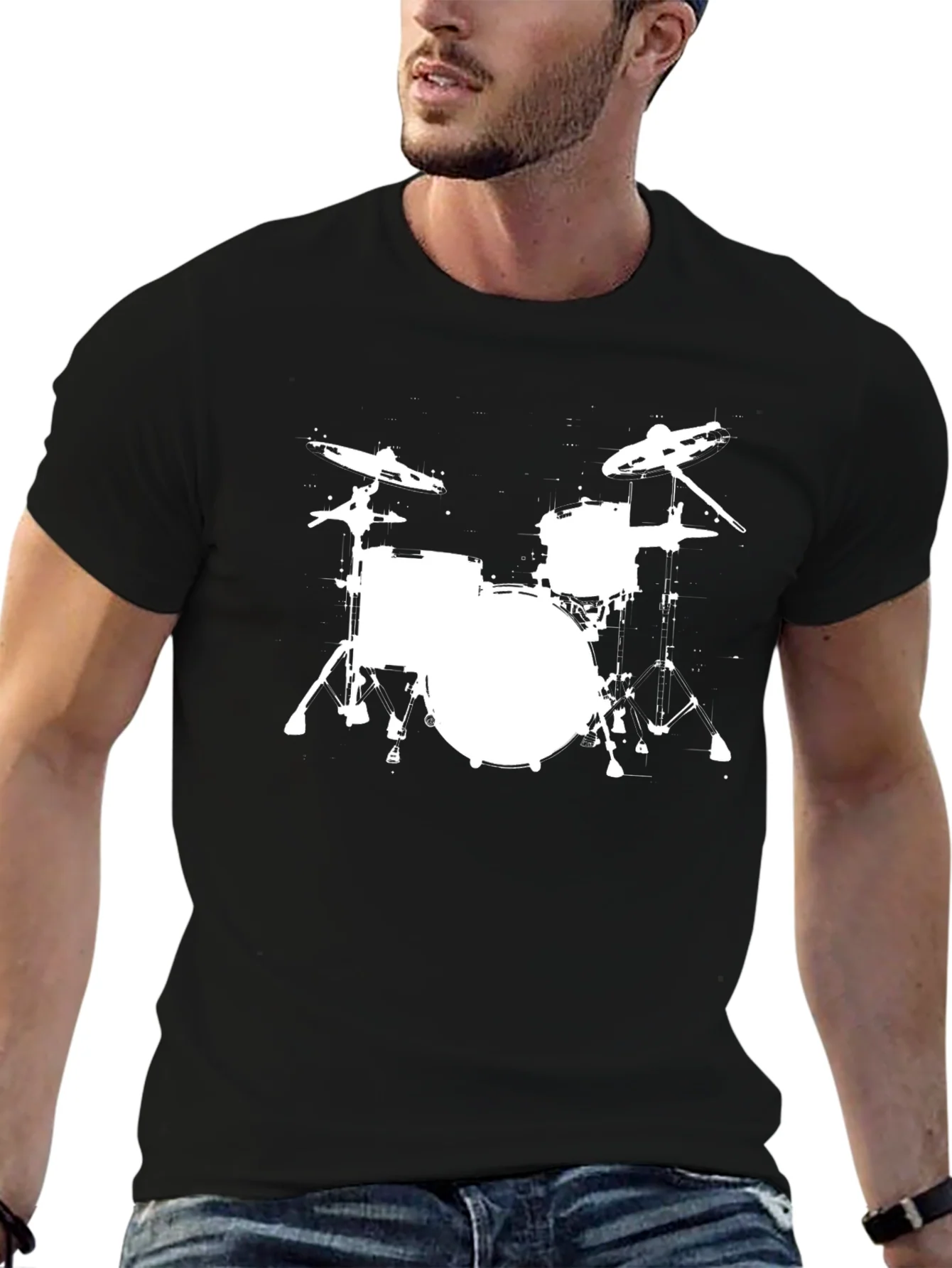 Camiseta Negra con Estampado de Bater¨ªa en Blanco