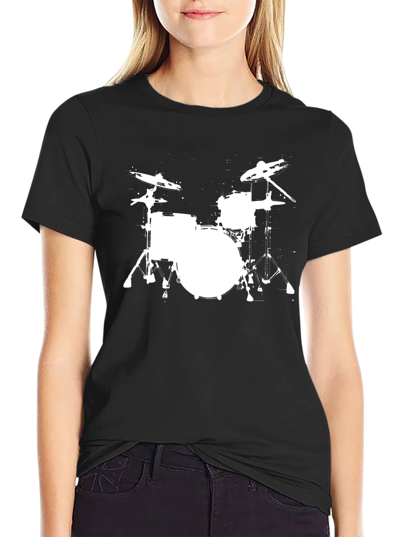 Camiseta Negra con Estampado de Bater¨ªa en Blanco