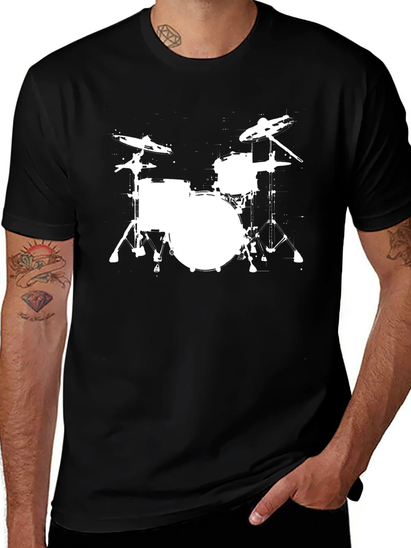 Camiseta Negra con Estampado de Bater¨ªa en Blanco