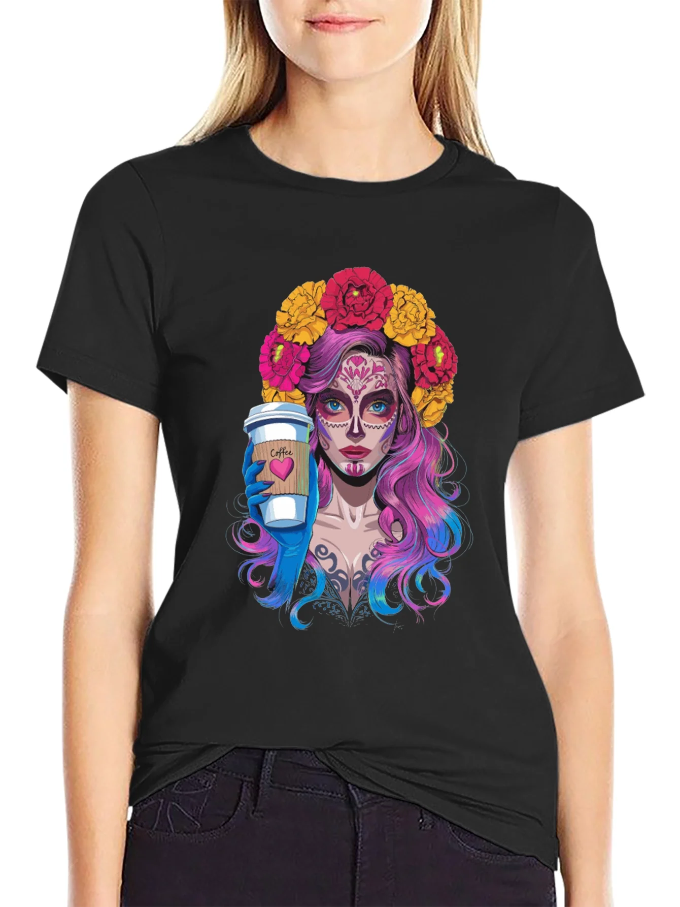 Camiseta Negra con Dise?o de Catrina Cafetera
