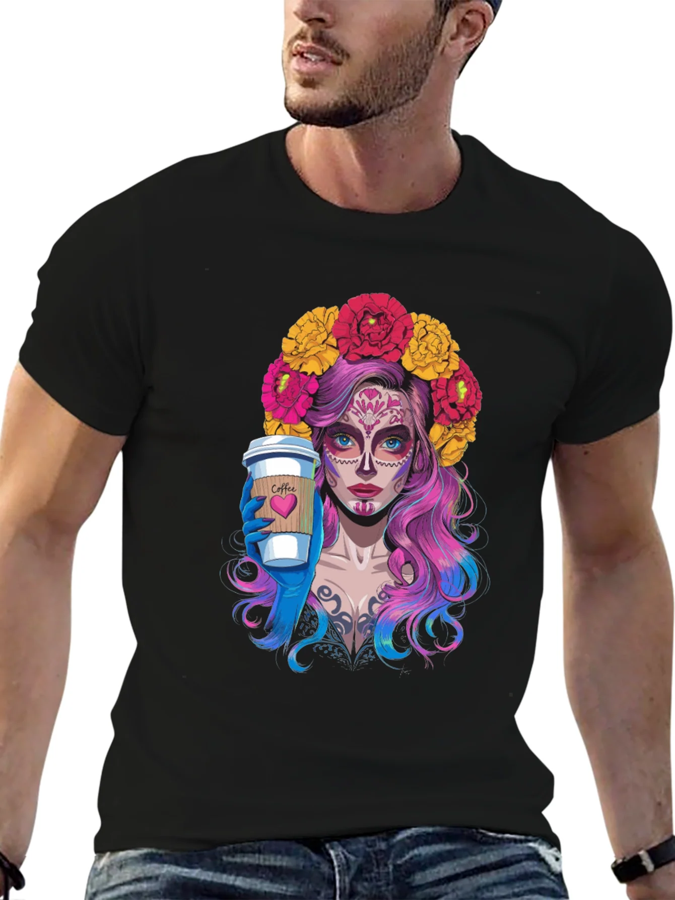 Camiseta Negra con Dise?o de Catrina Cafetera