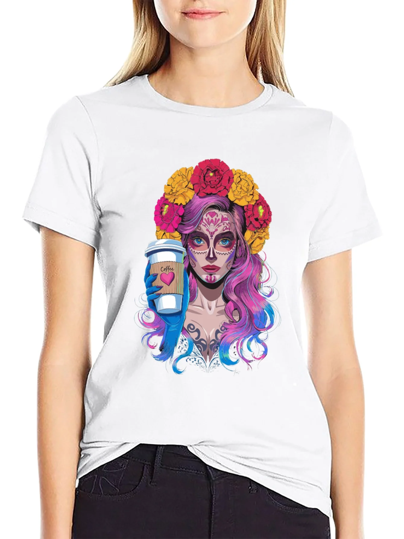 Camiseta Negra con Dise?o de Catrina Cafetera