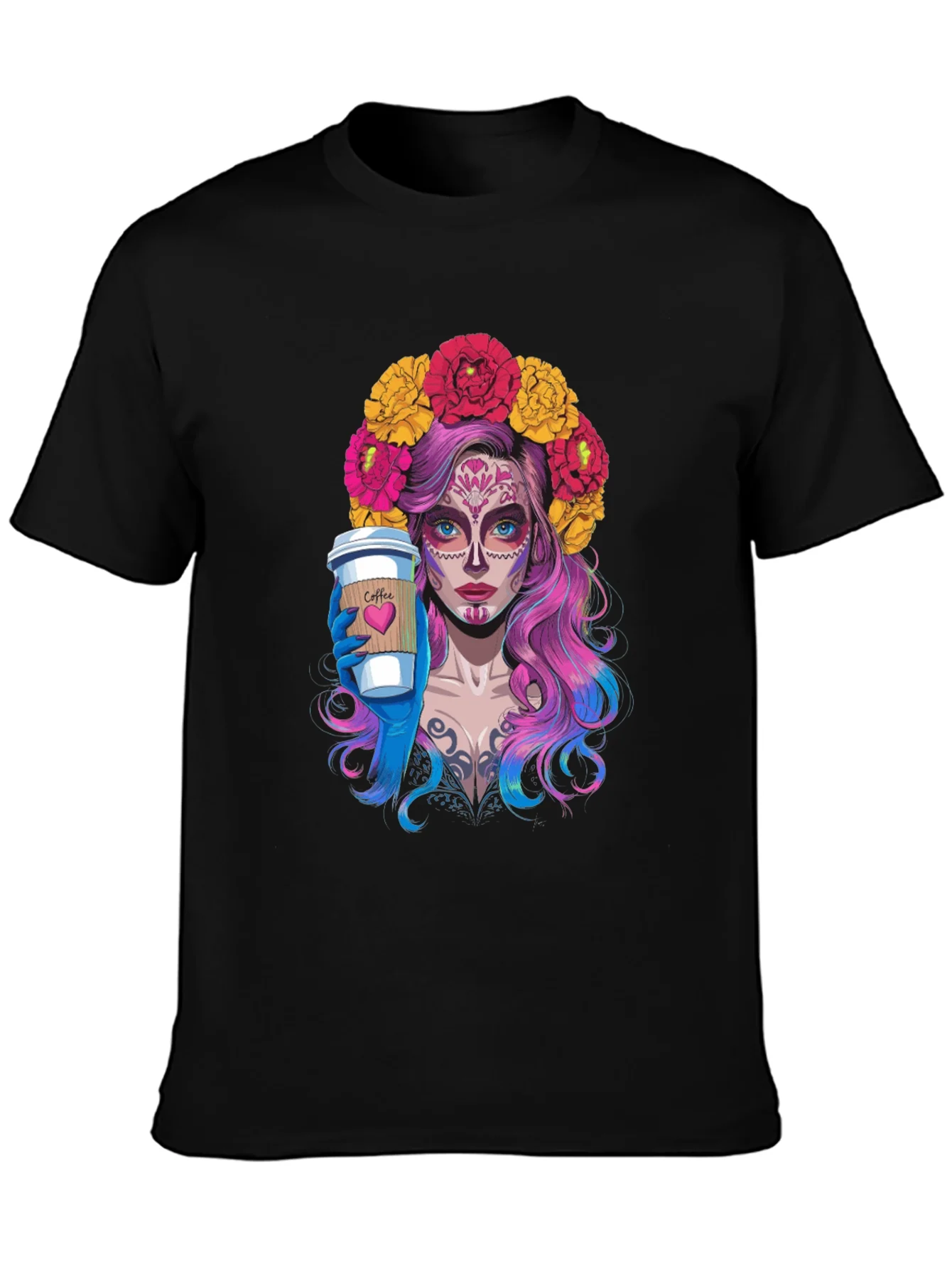 Camiseta Negra con Dise?o de Catrina Cafetera