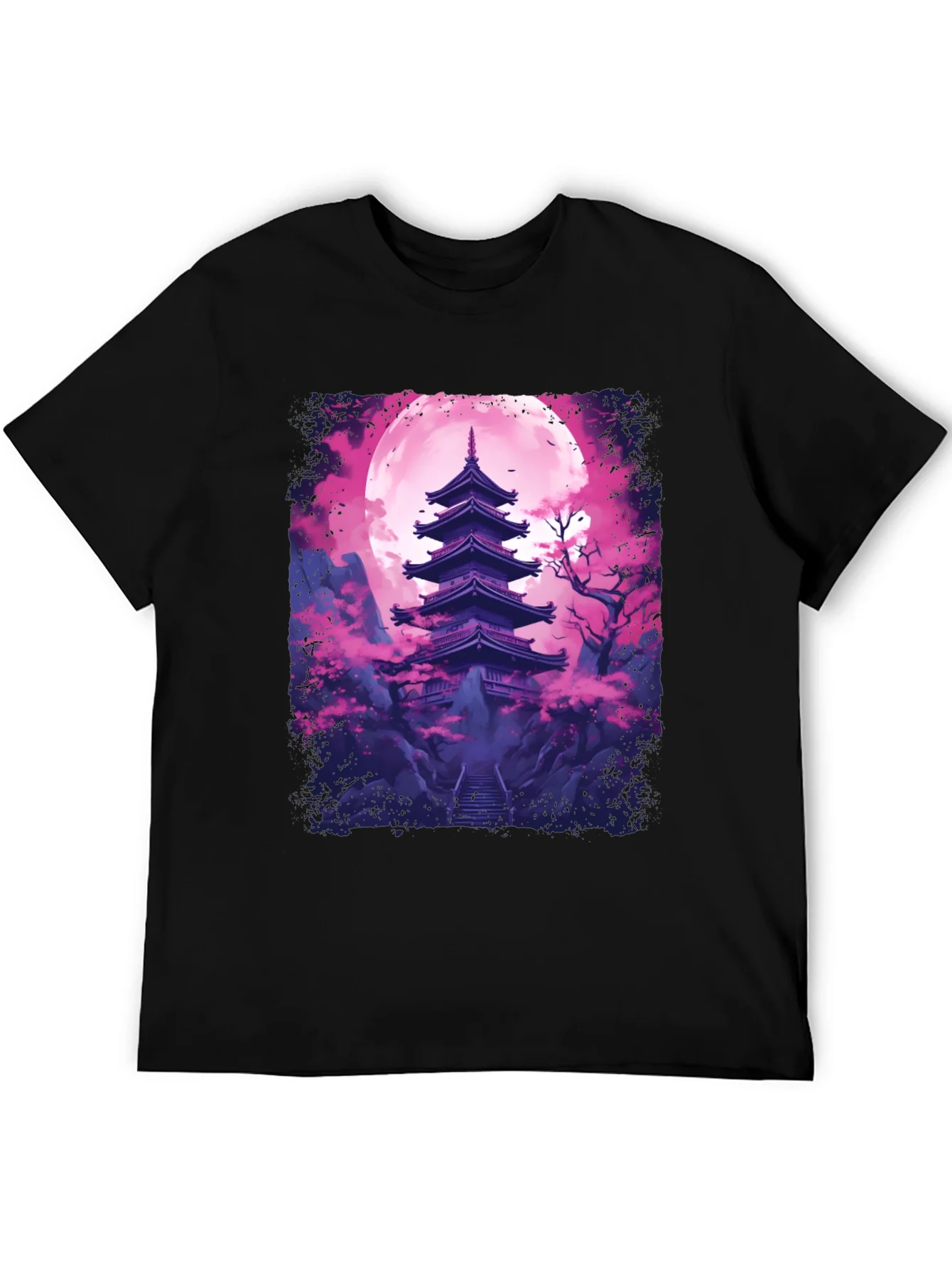 Camiseta Negra Pagoda Japonesa Luna Rosa