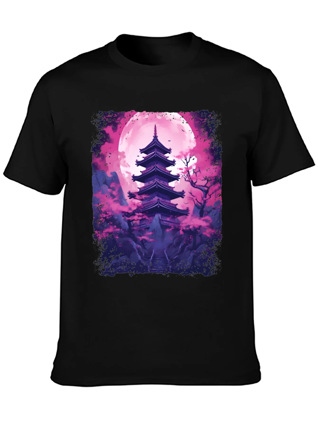 Camiseta Negra Pagoda Japonesa Luna Rosa
