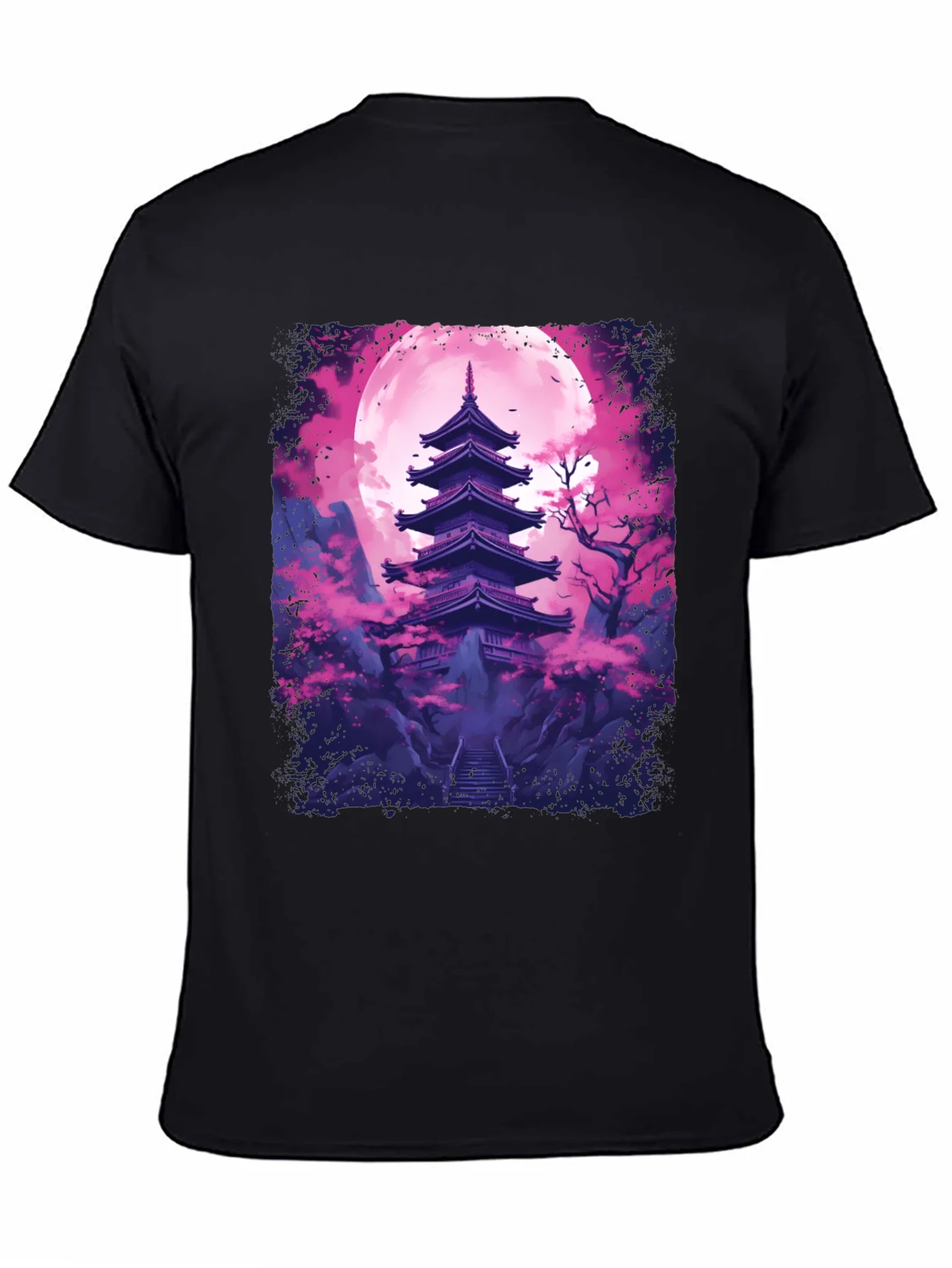 Camiseta Negra Pagoda Japonesa Luna Rosa