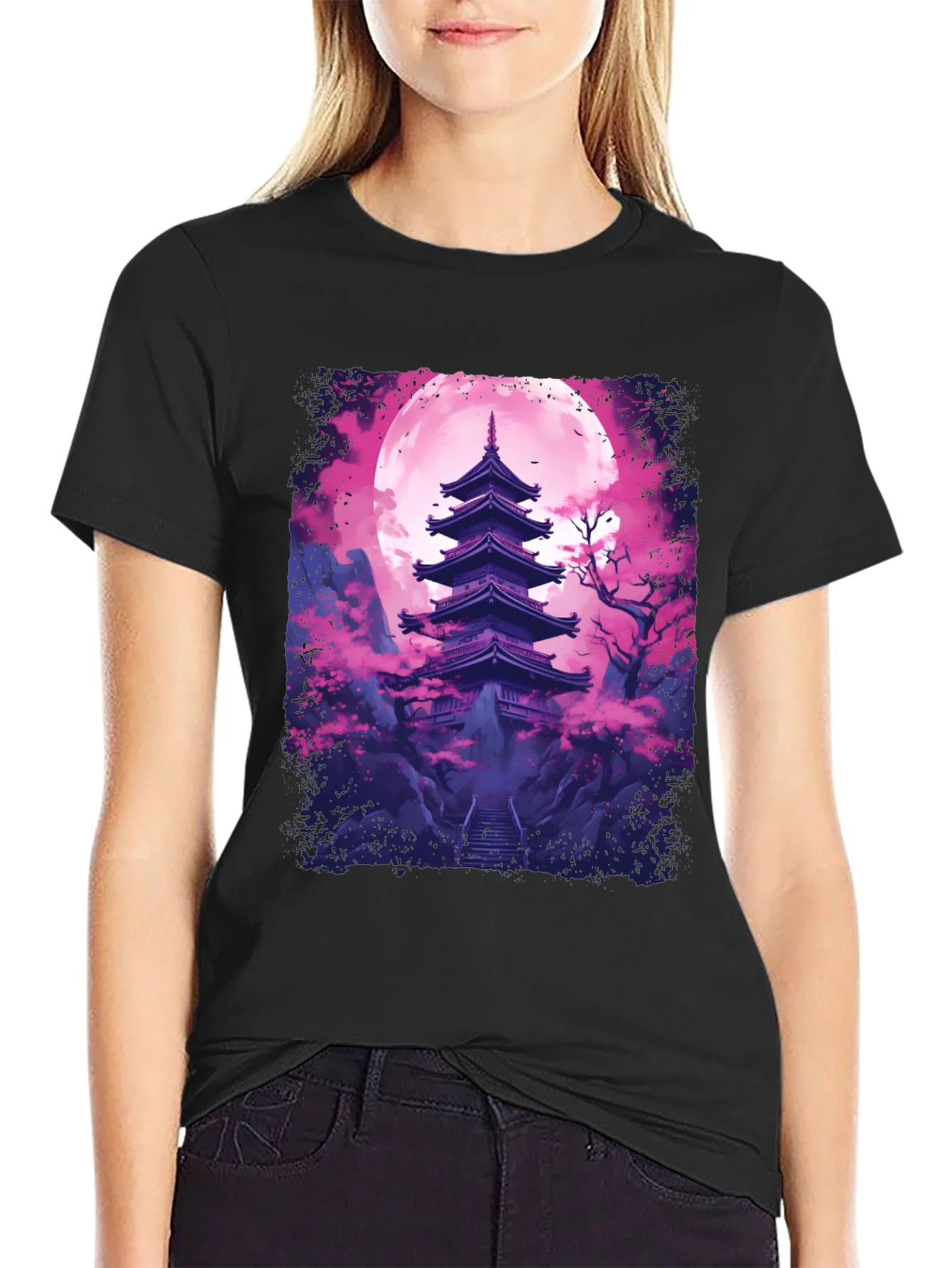 Camiseta Negra Pagoda Japonesa Luna Rosa