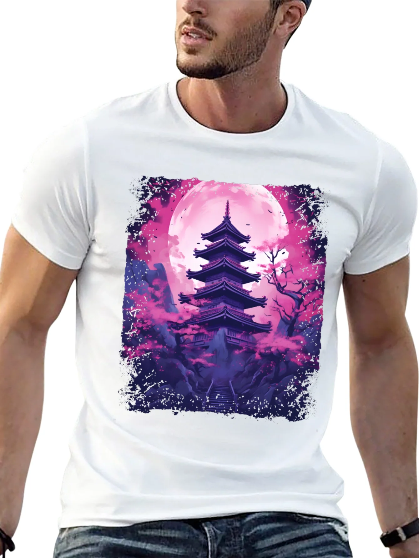 Camiseta Negra Pagoda Japonesa Luna Rosa