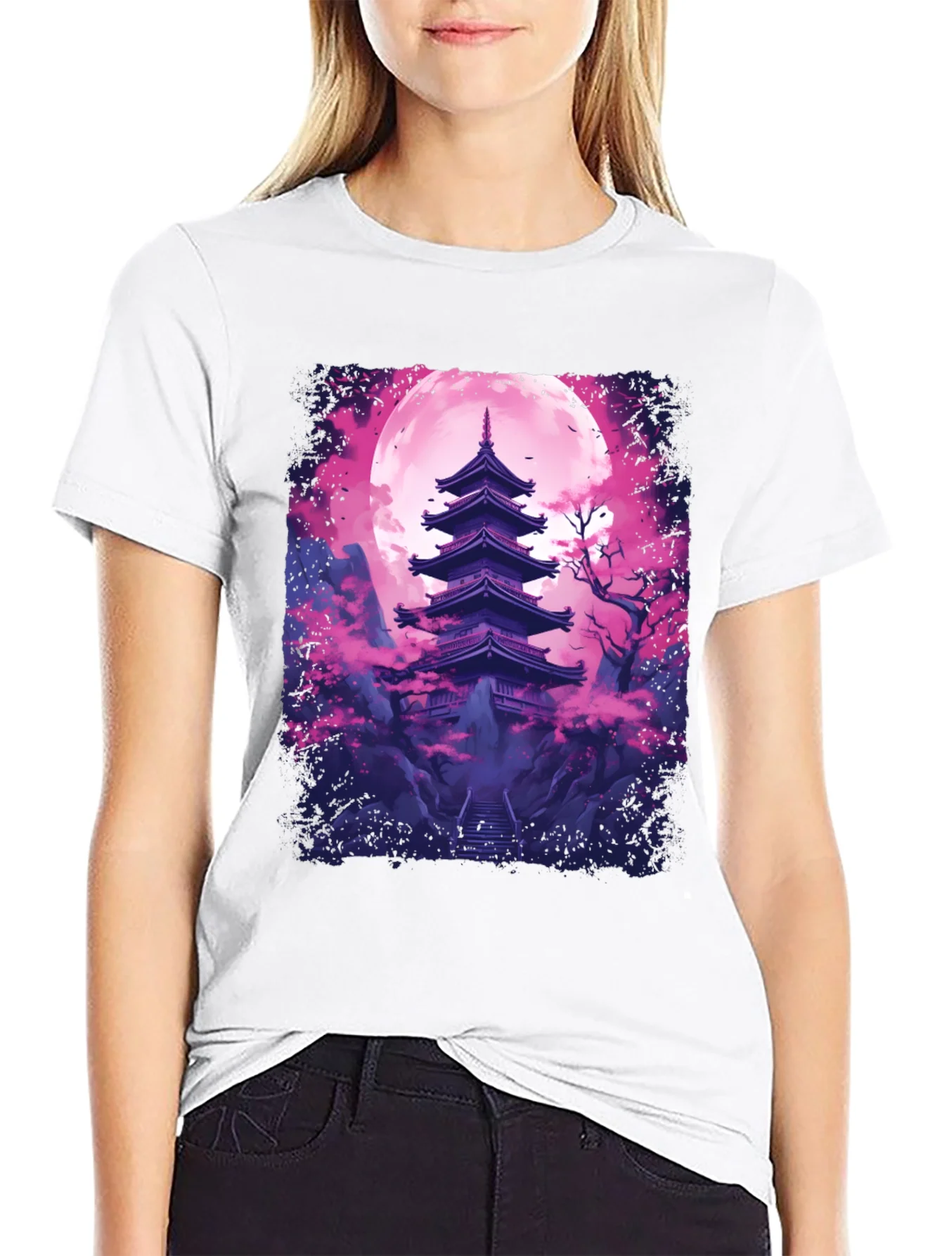 Camiseta Negra Pagoda Japonesa Luna Rosa