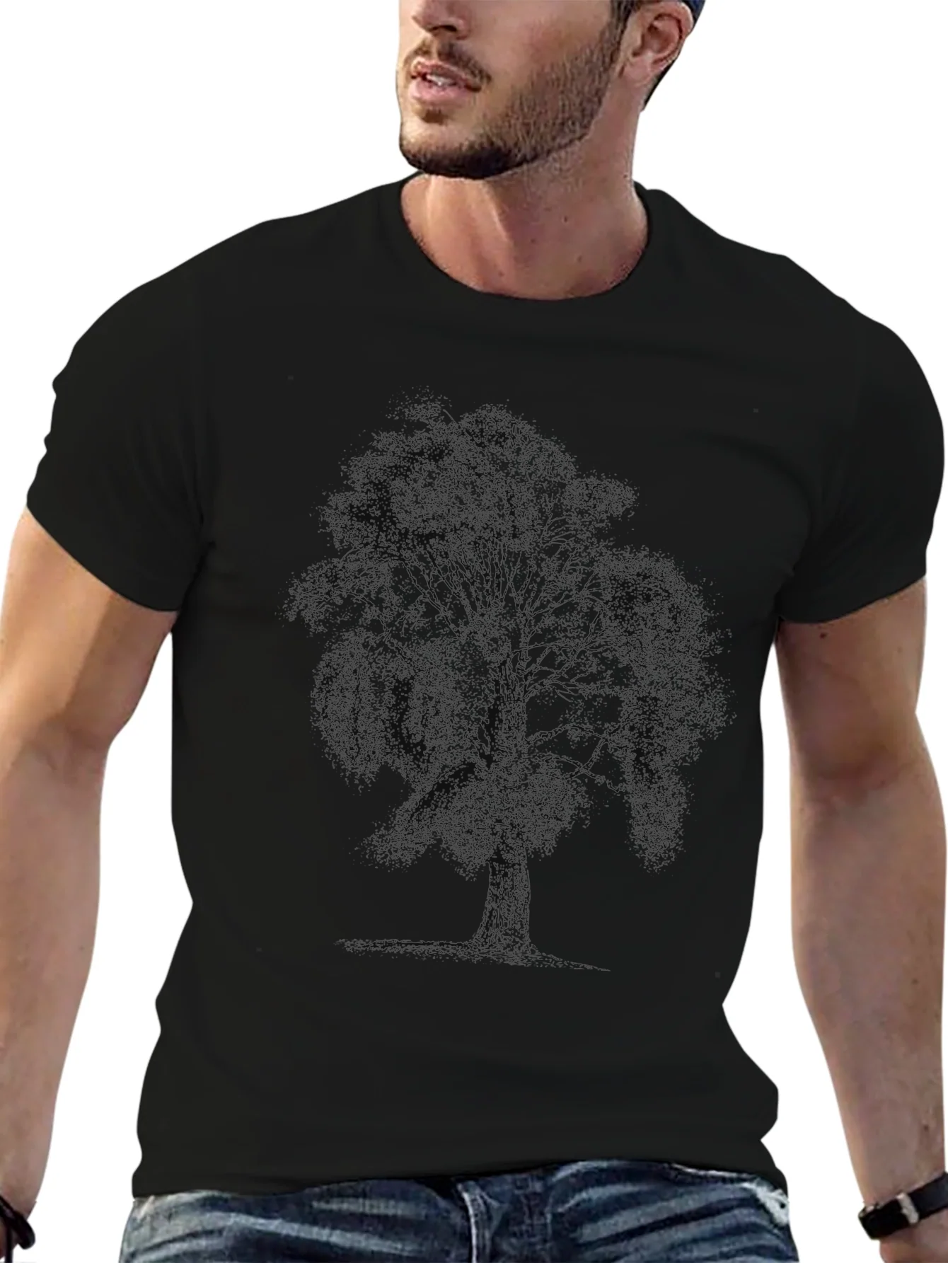 Camiseta Negra Estampado ¨¢rbol Casual Hombre