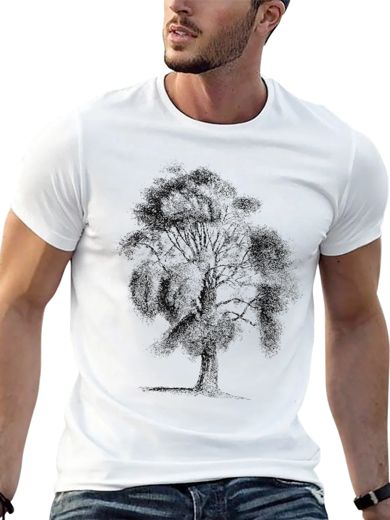 Camiseta Negra Estampado ¨¢rbol Casual Hombre