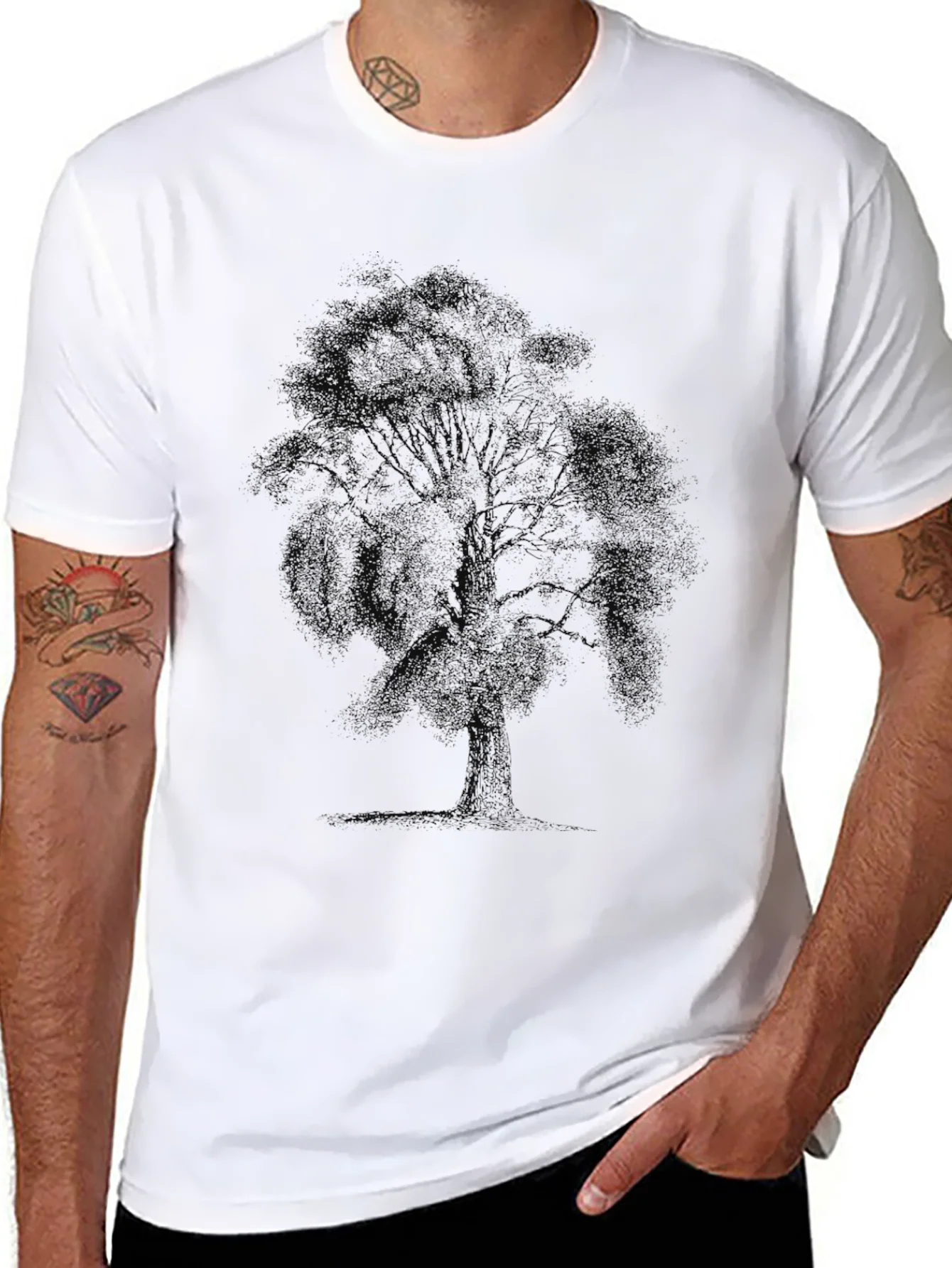 Camiseta Negra Estampado ¨¢rbol Casual Hombre