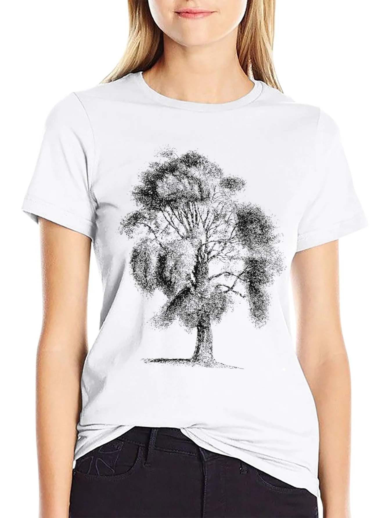 Camiseta Negra Estampado ¨¢rbol Casual Hombre