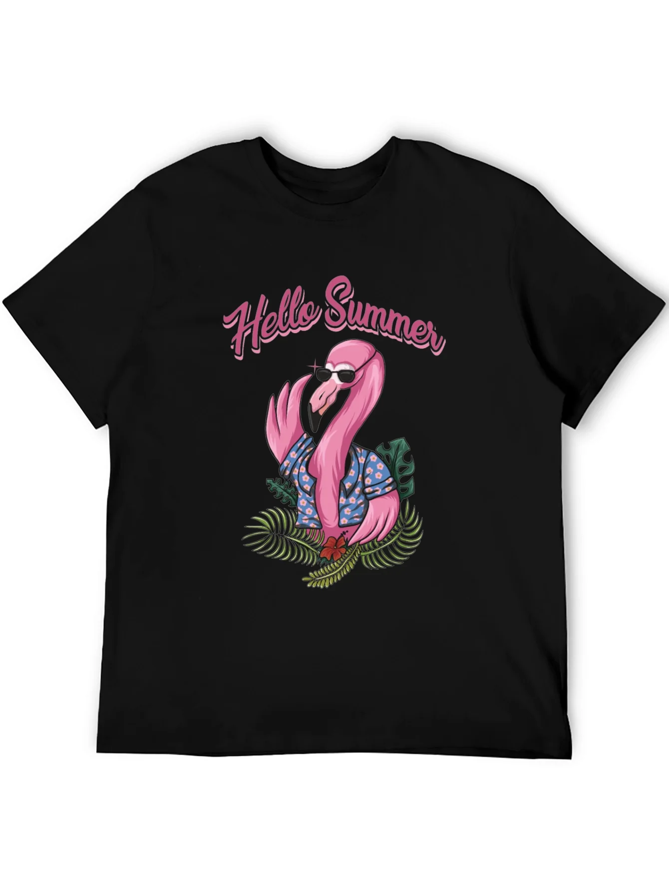 Camiseta Negra con Estampado Flamingo Hello Summer