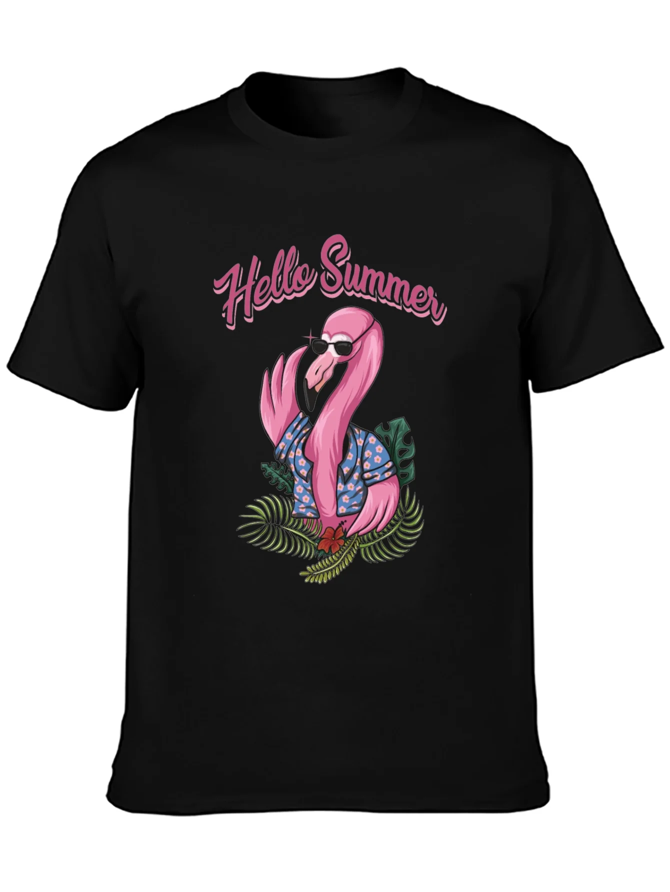 Camiseta Negra con Estampado Flamingo Hello Summer