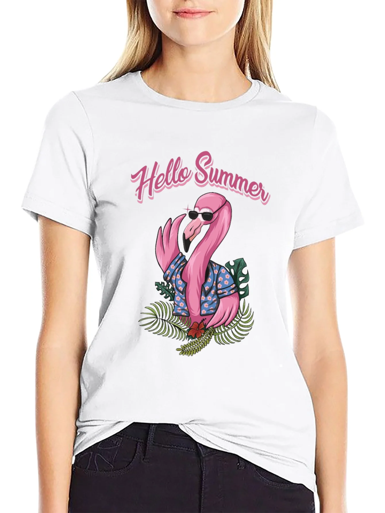 Camiseta Negra con Estampado Flamingo Hello Summer