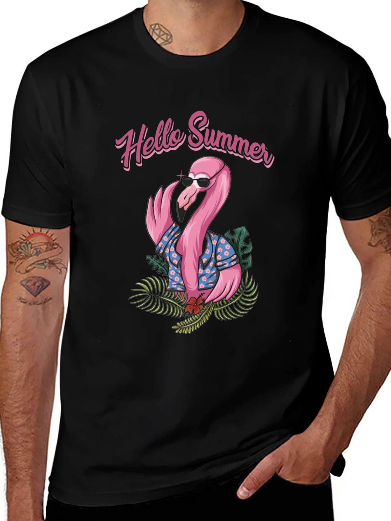 Camiseta Negra con Estampado Flamingo Hello Summer