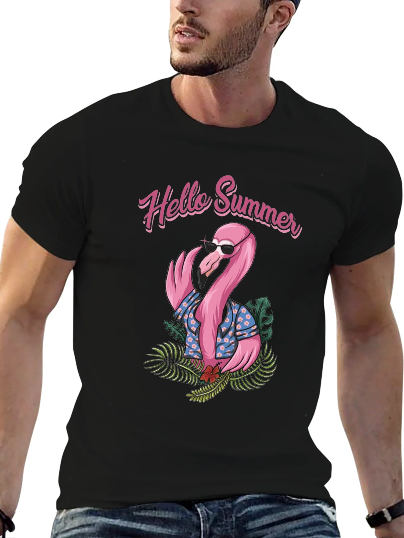 Camiseta Negra con Estampado Flamingo Hello Summer