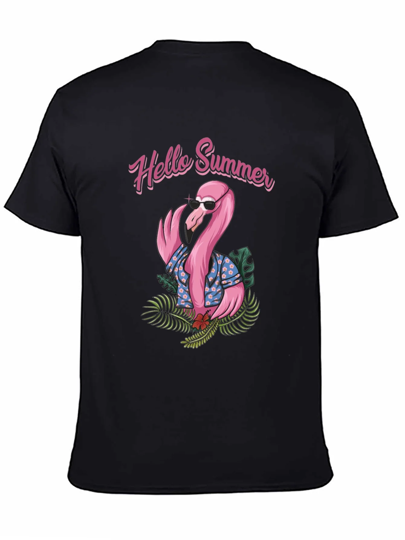 Camiseta Negra con Estampado Flamingo Hello Summer