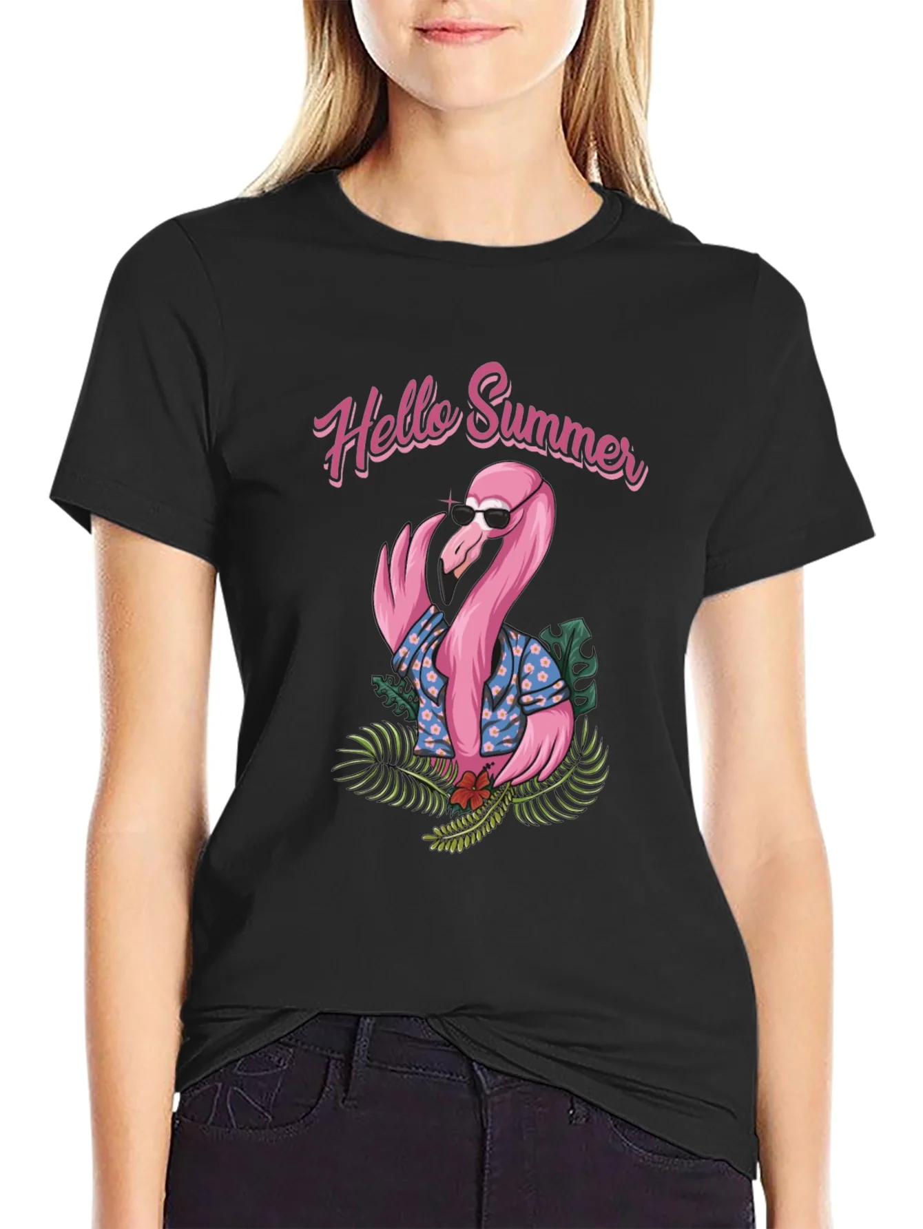 Camiseta Negra con Estampado Flamingo Hello Summer