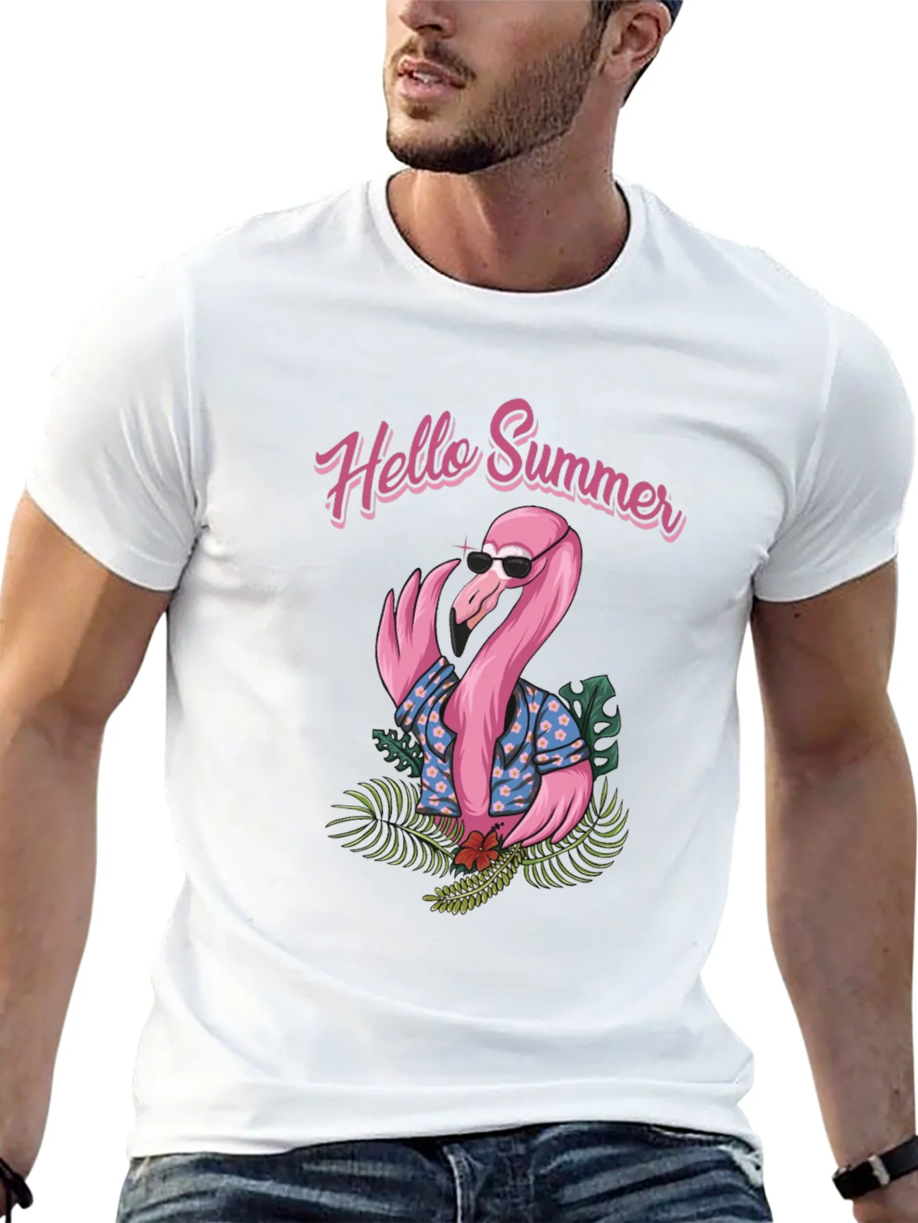Camiseta Negra con Estampado Flamingo Hello Summer