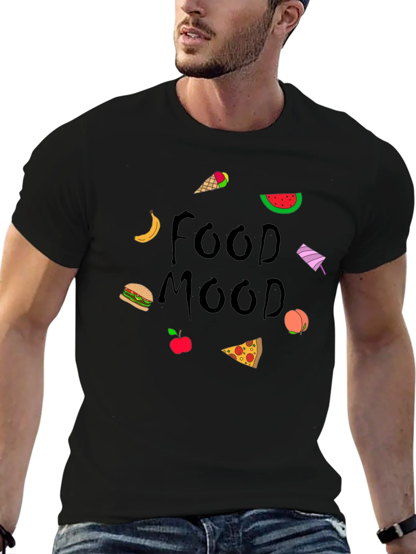 Camiseta Negra Food Mood con Dibujos de Comida