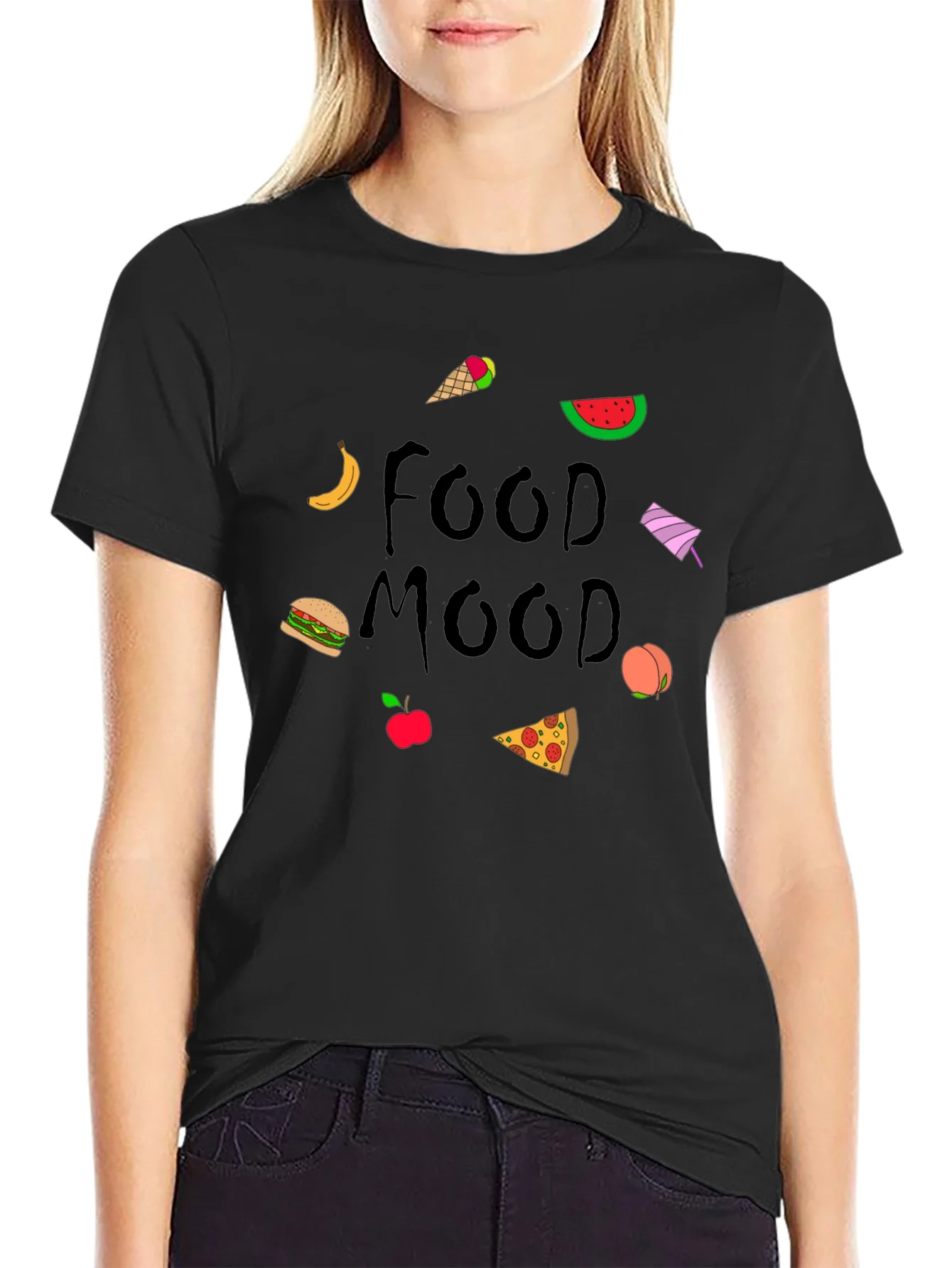 Camiseta Negra Food Mood con Dibujos de Comida