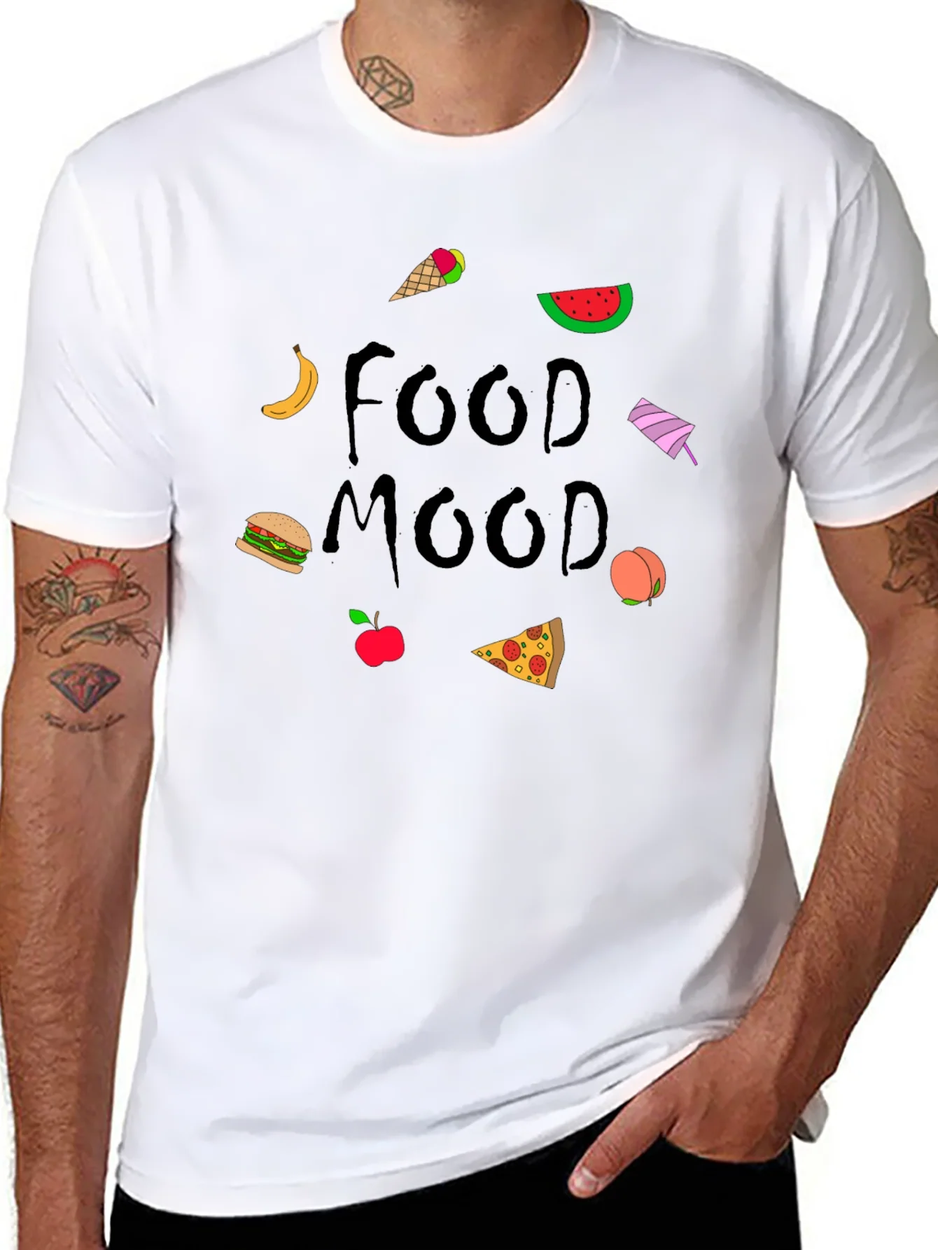 Camiseta Negra Food Mood con Dibujos de Comida
