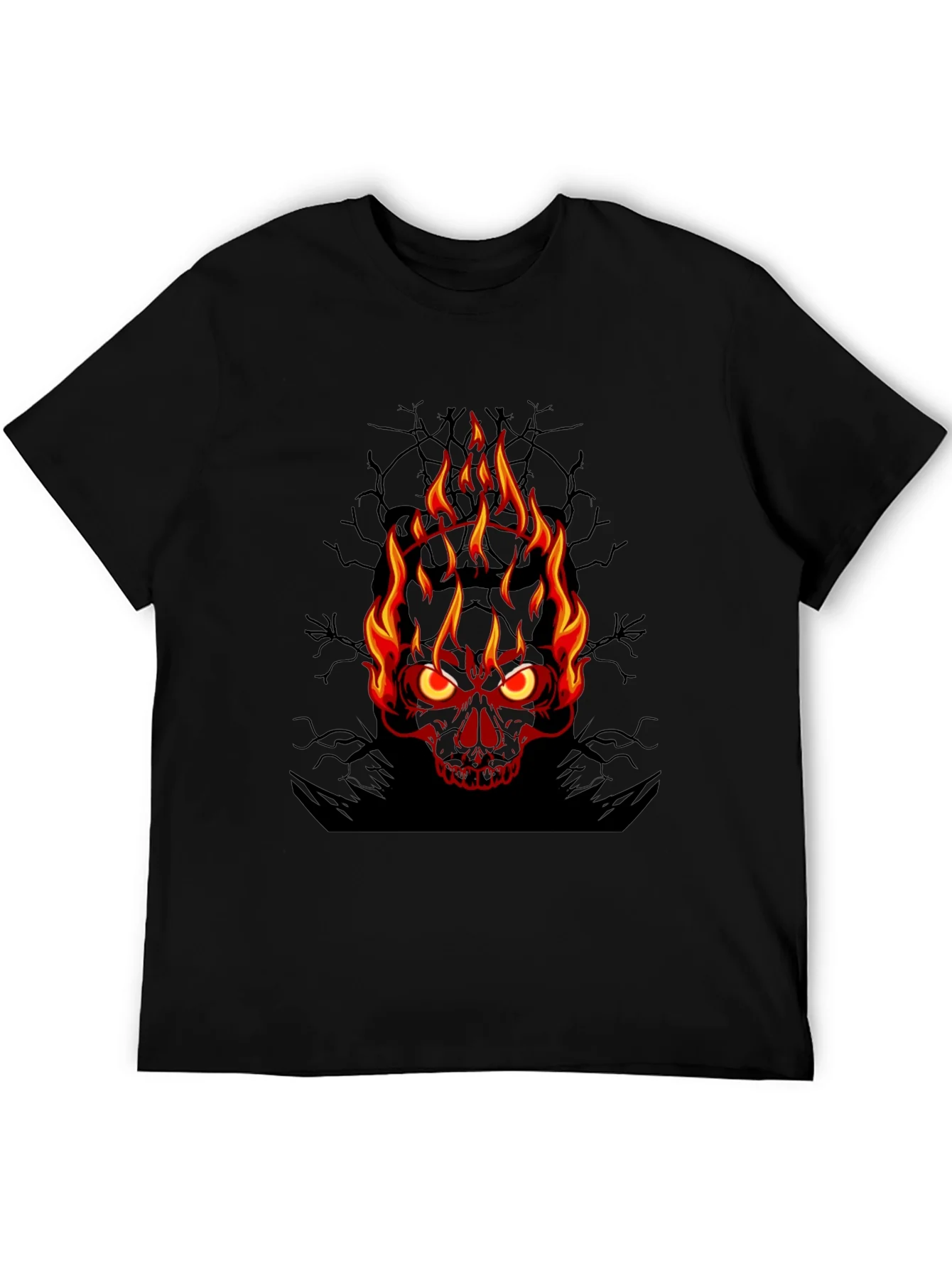 Camiseta Negra con Calavera en Llamas para Hombre